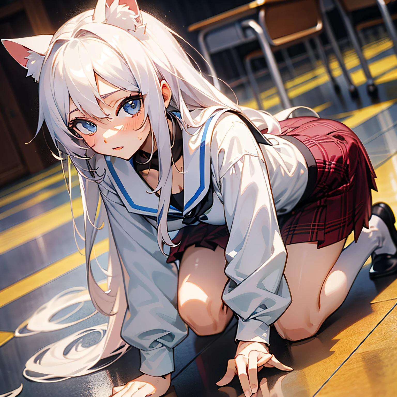 Wearing cat ears on his head，seductive anime girls，White-haired god，Anime goddess，Girl with white hair，perfect white hair girl，Detailed long white hair，long hair anime girl，Beautiful anime girls，Blonde anime girl with long hair，Anime Barbie with white stockings，Clothes are shabby，There are a lot of breakages on the skin，Sweat all over the body，perspire，Incontinence，tmasterpiece，best qualtiy：1.2），Female Student，独奏，1girll，Koshita Kono，（shiny skins，wetted skin：1.2），perspired，is shy，looking at viewert，on the floor on all fours，校服，white  shirt，Plaid skirts，upper legs，in the afternoon，Female students in the classroom