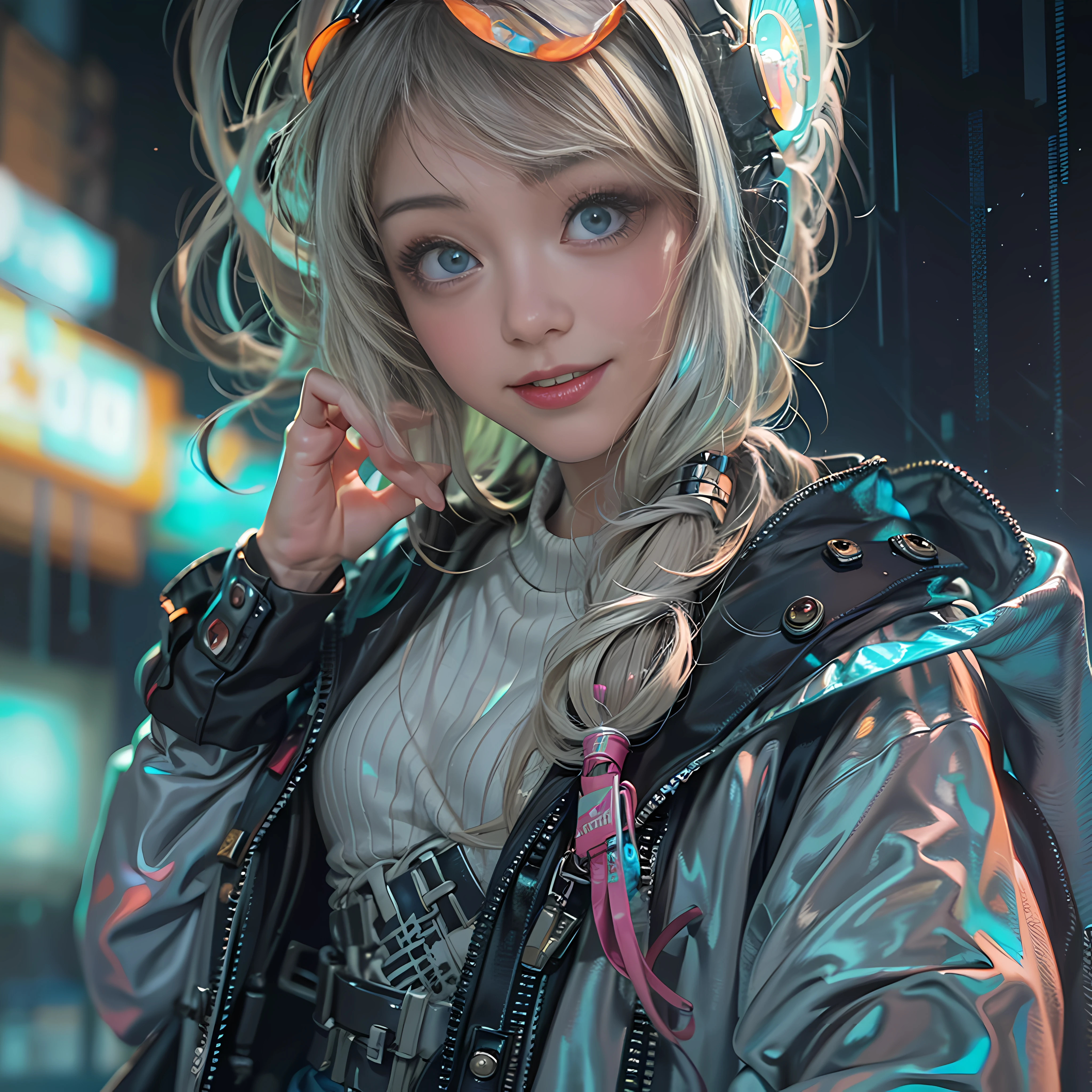 masterpiece, best quality, half body, portrait, night city, 1girl, anime, 3D, Japan, pixar, realistic,  girl, smiling, cute face, harajuku fashion style, rain coat, beautiful, colourful, neon lights, cyberpunk, smooth skin, illustration, artstation, painting by stanley artgerm lau, sideways glance, foreshortening, extremely detailed 8K, smooth, high resolution, ultra quality, highly detail eyes, highly detail mouth, highly detailed face, perfect eyes, both eyes are the same, true light, glare, Iridescent, Global illumination, real hair movement, real light, real shadow, real face, hd, 2k, 4k, 8k, 16k, realistic light, realistic shadow, bright Eyes, fluorescent eyes, soft light, dream light