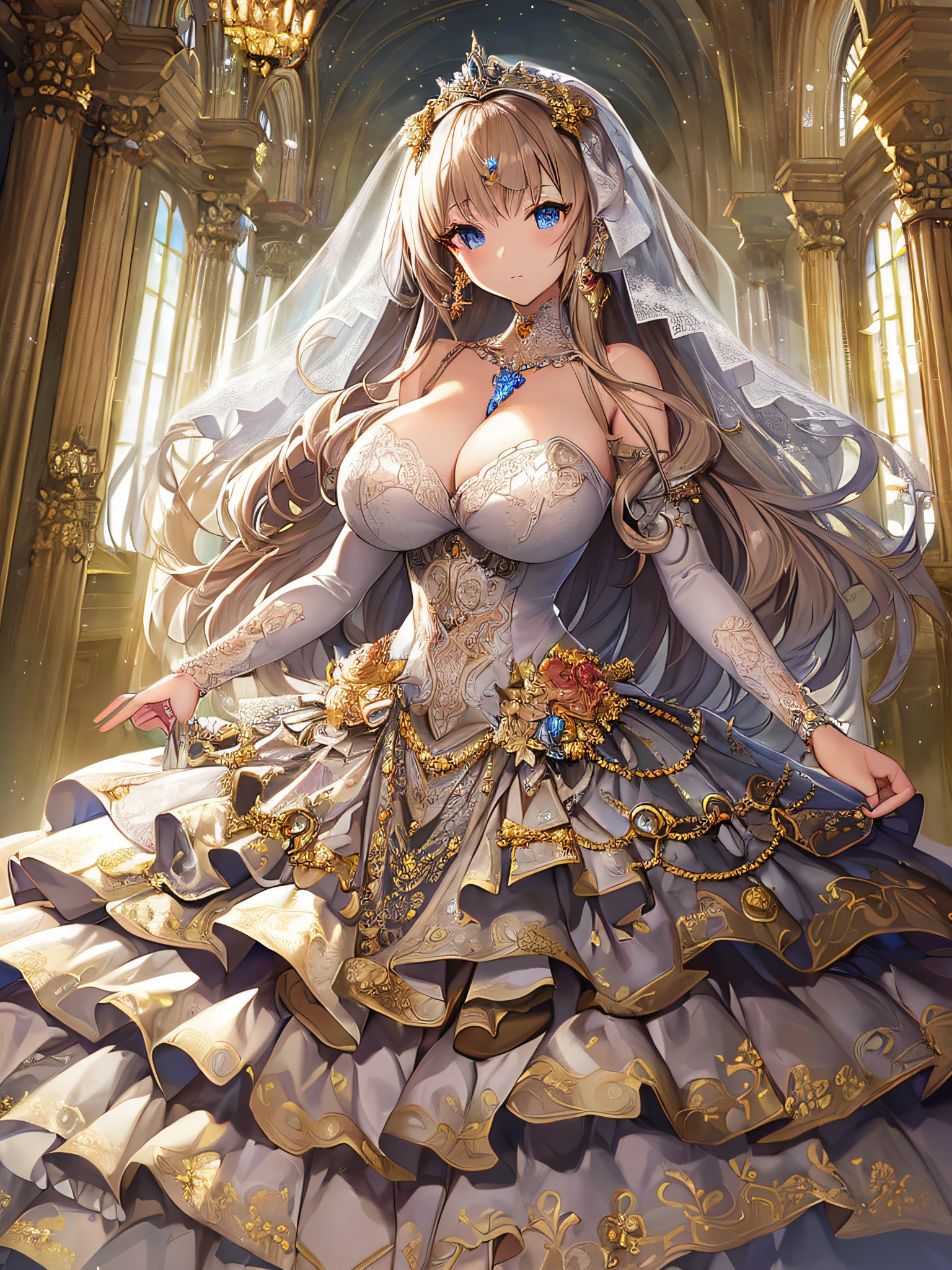 ((anime artstyle)),(Masterpiece),(Best Quality), (Super Detail),((Very Delicate and Beautiful)),Focus on character,Dynamic Angle,Looking at viewer,((Solo)),standing,((full body)),((one princess in gorgeous ball gown wedding dress with voluminous skirt)),((June bride)),detailed face and eyes,jewel-like eyes,((Very Long voluminous Hair)),gorgeous embroidery and lace,((gorgeous corsage)),See-through,(Gorgeous jewelry ornaments),luxury hair ornament,gorgeous luxury tiara with jewels,ornate ruffles,((gigantic breasts,Long breasts)),indoor,church wedding,((full body)),hoop skirt,crinoline,very long wedding veil,(((fusion of jeweled wedding dress and gorgeous embroidery rococo ballgown))),