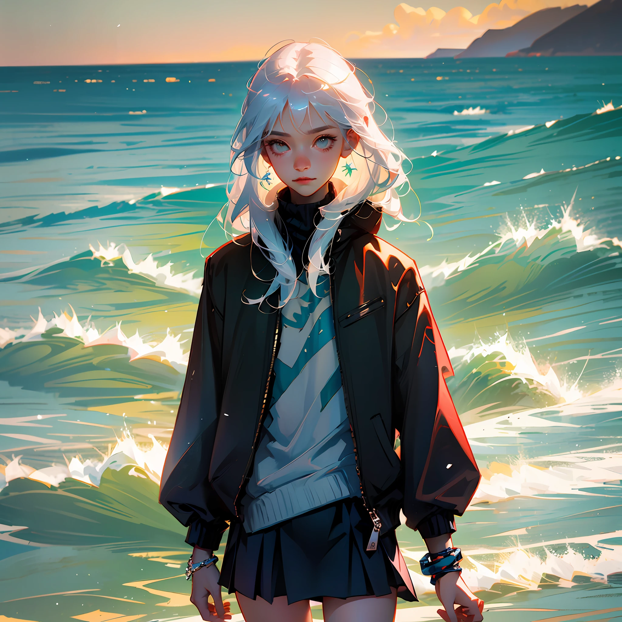 with long hair in takes，dressed in a black coat，Wear a short skirt，beachside，Colored sunlight，Stand in the sea and smile，A high resolution，Small churning waves，Slight sea breeze，quadratic element，with hair dishevelled，White hair，One guy，close-up upper body，tmasterpiece，A colored bracelet is worn on his wrist，Nothing on the legs，Kizi，whaite hair，The shades are warm tones，Kizi，style of anime， --auto