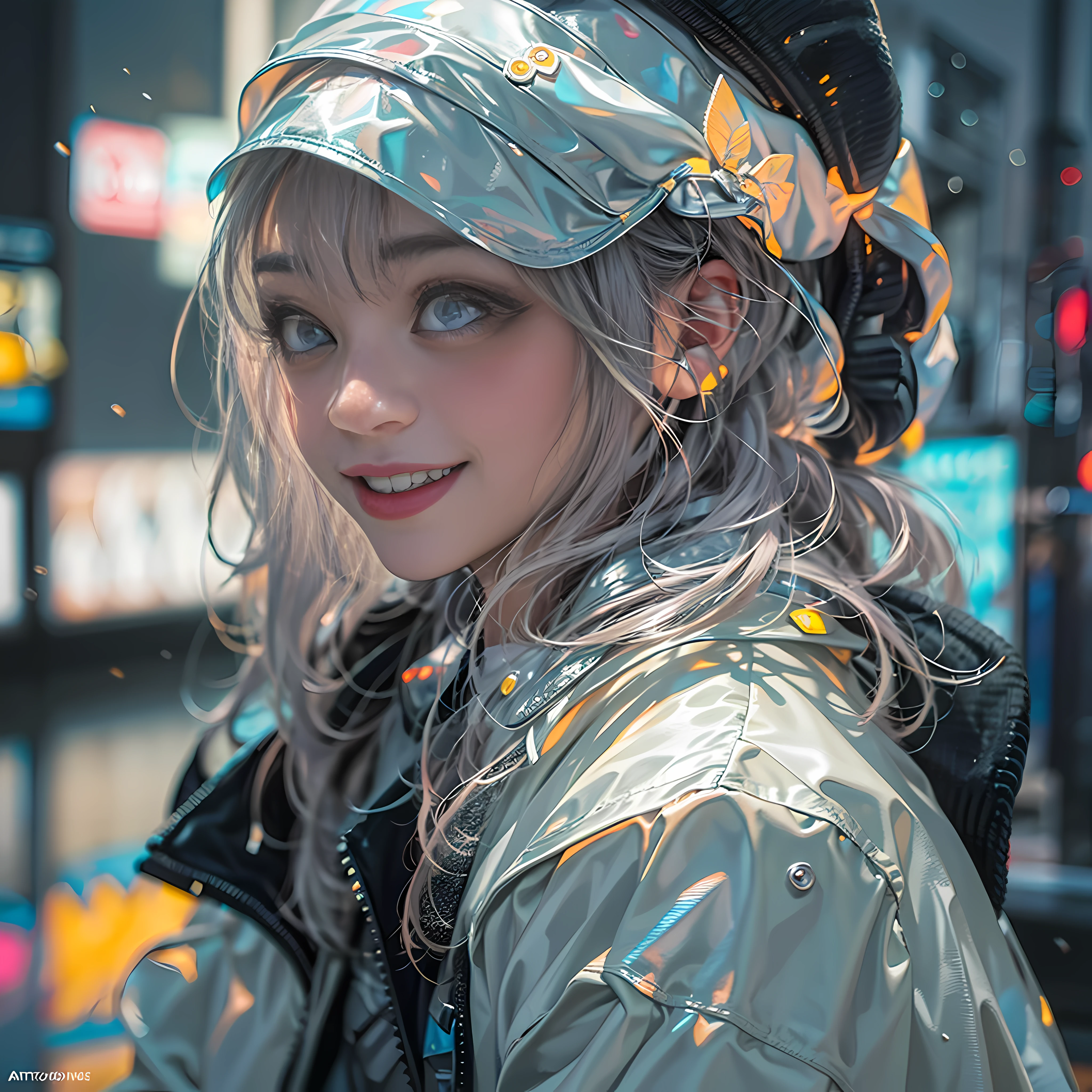masterpiece, best quality, half body, portrait, night city, 1girl, anime, 3D, Japan, pixar, realistic, girl, smiling, cute face, harajuku fashion style, rain coat, beautiful, colourful, neon lights, cyberpunk, smooth skin, illustration, artstation, painting by stanley artgerm lau, sideways glance, foreshortening, extremely detailed 8K, smooth, high resolution, ultra quality, highly detail eyes, highly detail mouth, highly detailed face, perfect eyes, both eyes are the same, true light, glare, Iridescent, Global illumination, real hair movement, real light, real shadow, real face, hd, 2k, 4k, 8k, 16k, realistic light, realistic shadow, bright Eyes, fluorescent eyes, soft light, dream light