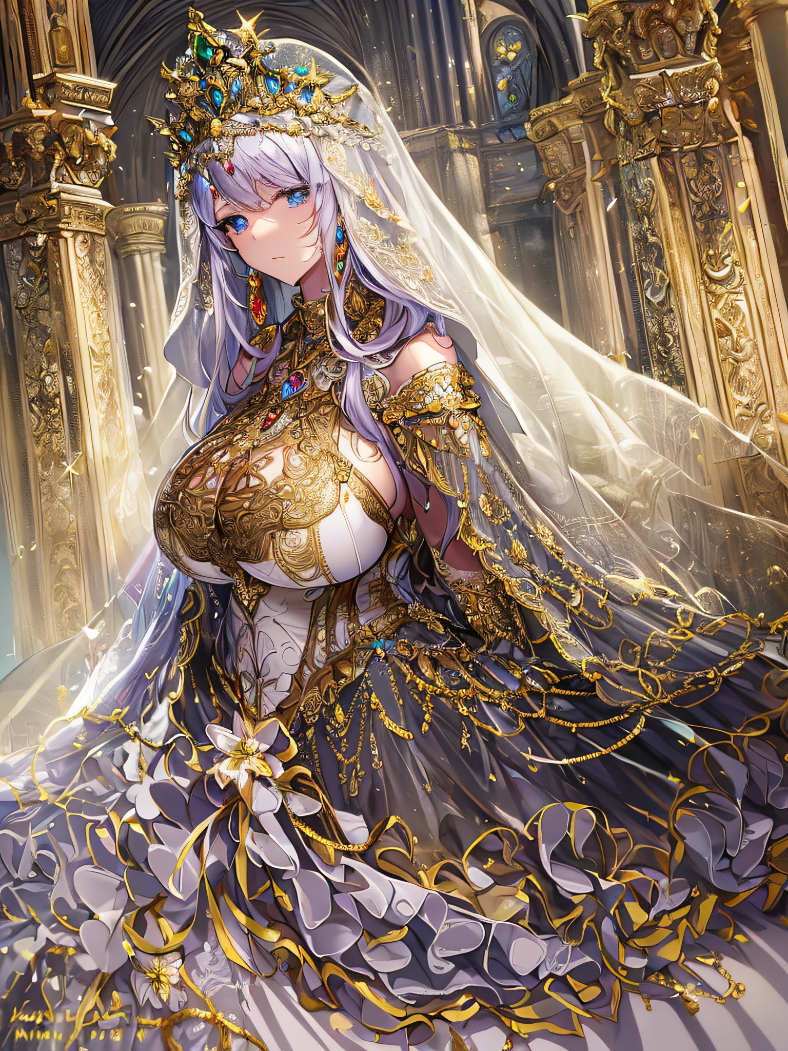 ((anime artstyle)),(Masterpiece),(Best Quality), (Super Detail),((Very Delicate and Beautiful)),Focus on character,Dynamic Angle,Looking at viewer,((Solo)),standing,((full body)),((one princess in gorgeous ball gown wedding dress with voluminous skirt)),((June bride)),detailed face and eyes,jewel-like eyes,((Very Long voluminous Hair)),gorgeous embroidery and lace,((gorgeous corsage)),See-through,(Gorgeous jewelry ornaments),luxury hair ornament,gorgeous luxury tiara with jewels,ornate ruffles,((gigantic breasts,Long breasts)),indoor,church wedding,((full body)),hoop skirt,crinoline,very long wedding veil,(((fusion of jeweled wedding dress and gorgeous embroidery rococo ballgown))),