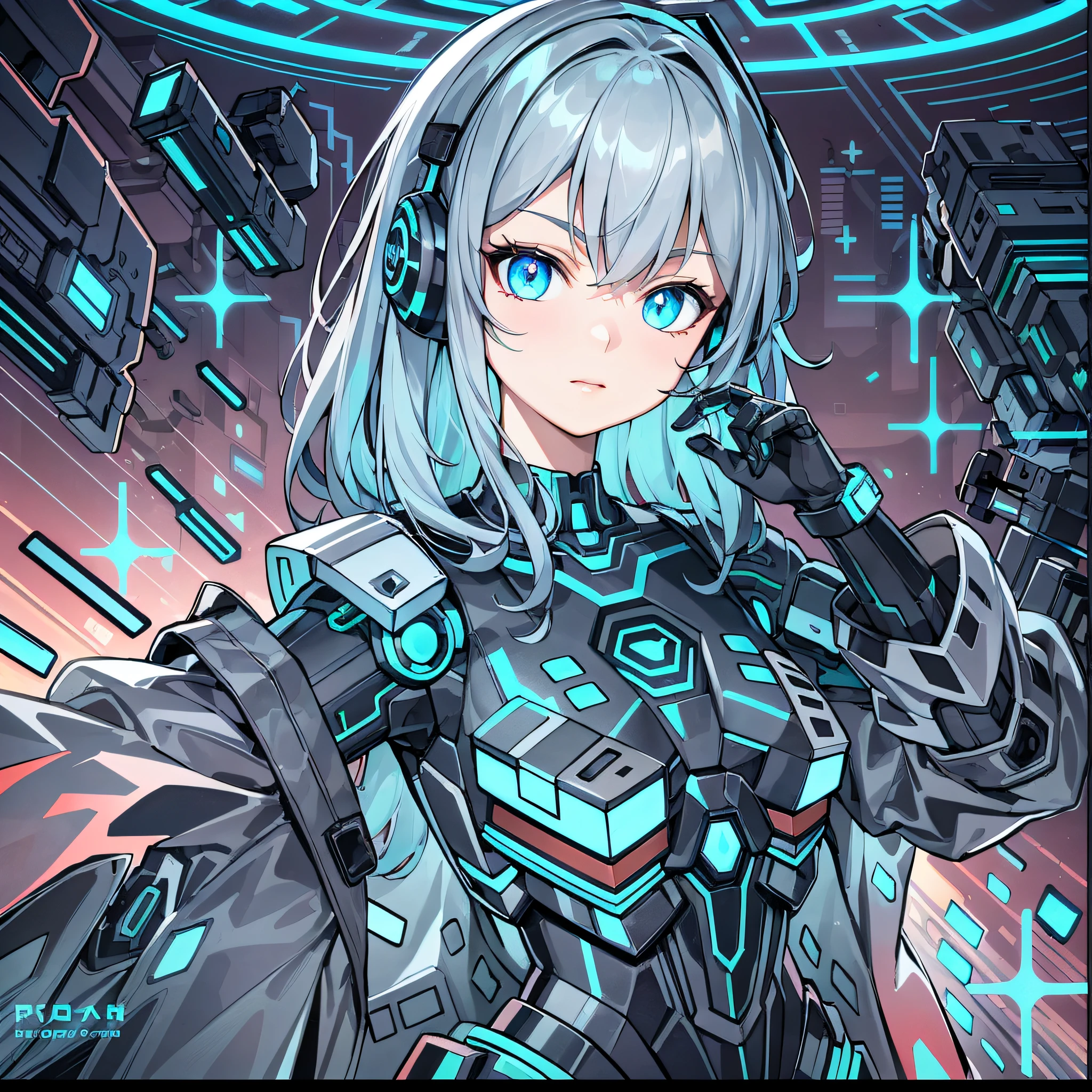 Cyborg girl，Ultra-detailed face，cyborg robot parts，Slim waist，cyber punk perssonage，ultra-realistic realism，parfect anatomy，face muscles，micro Chip，Reduce background detail，the rule of thirds，unreal-engine，concept-art，Sharp focus，8K，galactic，whaite hair，Hair to the waist，cyan pupils，Exoskeleton armor，full bodyesbian，rifles, galactic, glowing light eyes, headset on head，Cyan coat