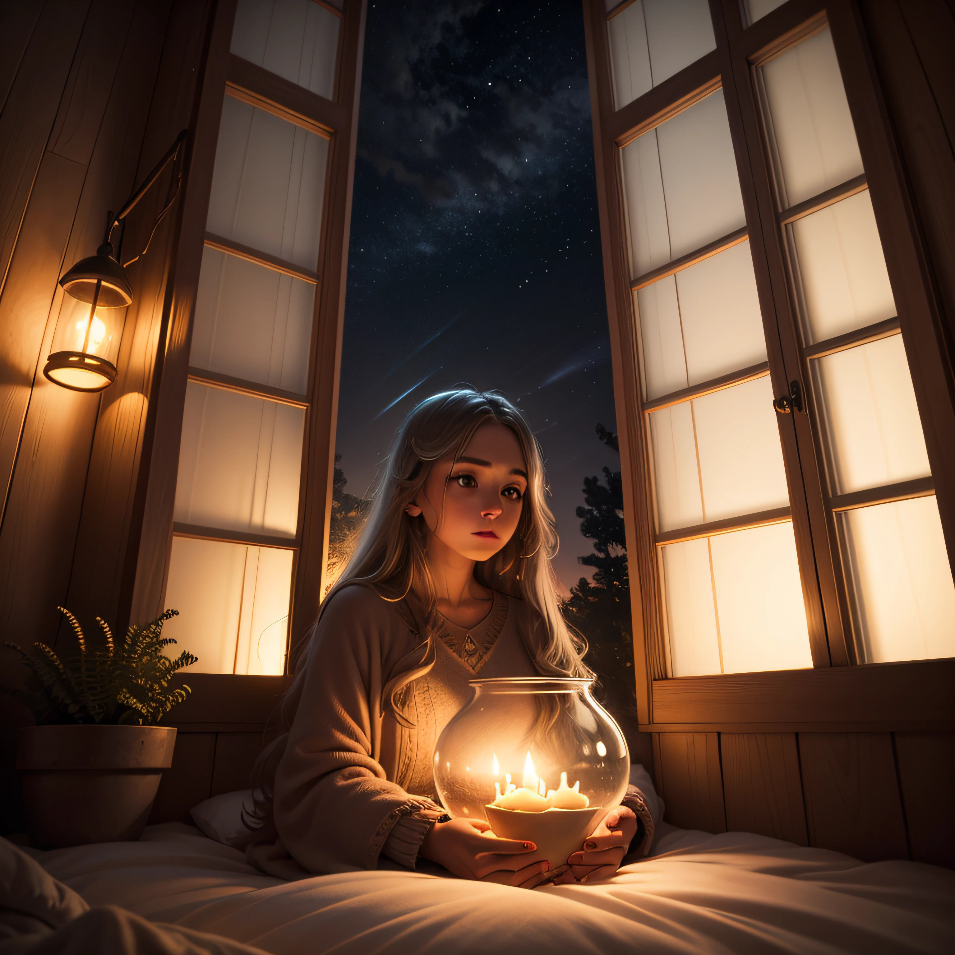 cozily,The large,Large window glass,nature scenes,during night,little light,sofe,A woman --auto