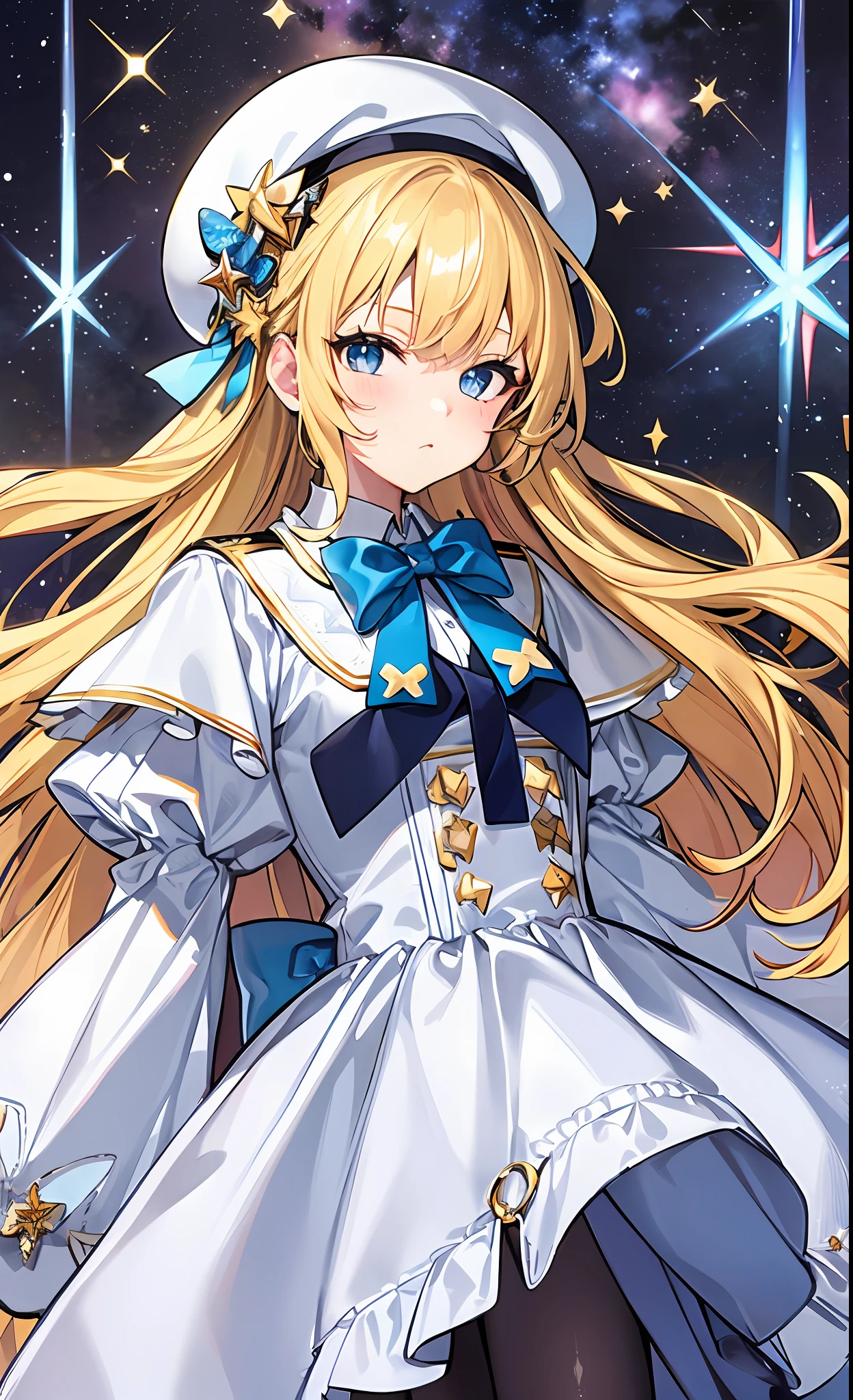 Yellow-haired，white dresses，eBlue eyes，star accessories，Blue bow tie，white beret（It has a blue bow on it），starryskybackground，meteors，4K