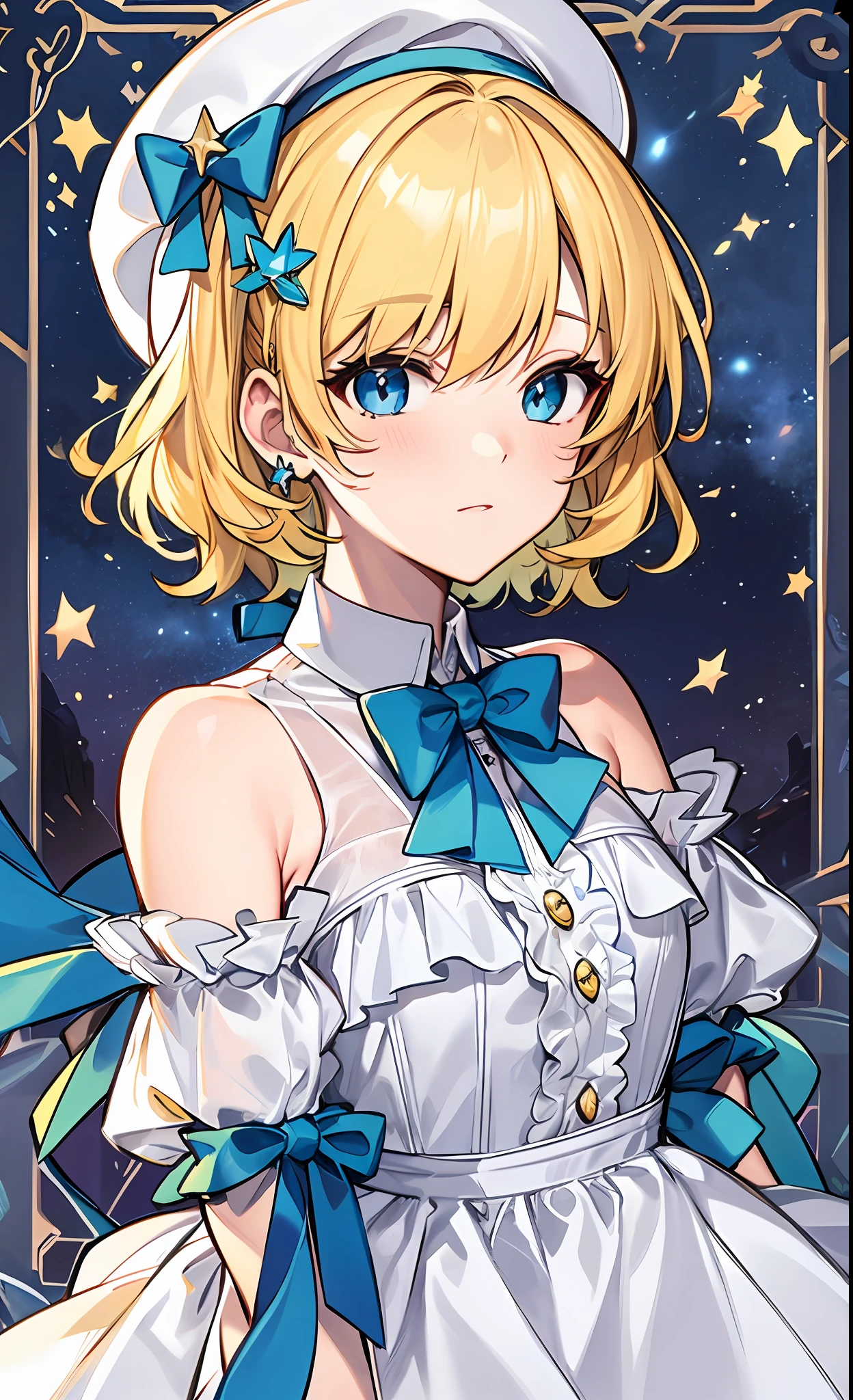 Yellow-haired,white dresses,eBlue eyes,star accessories,Blue bow tie,white beret(It has a blue bow on it),starryskybackground,meteors,4K
