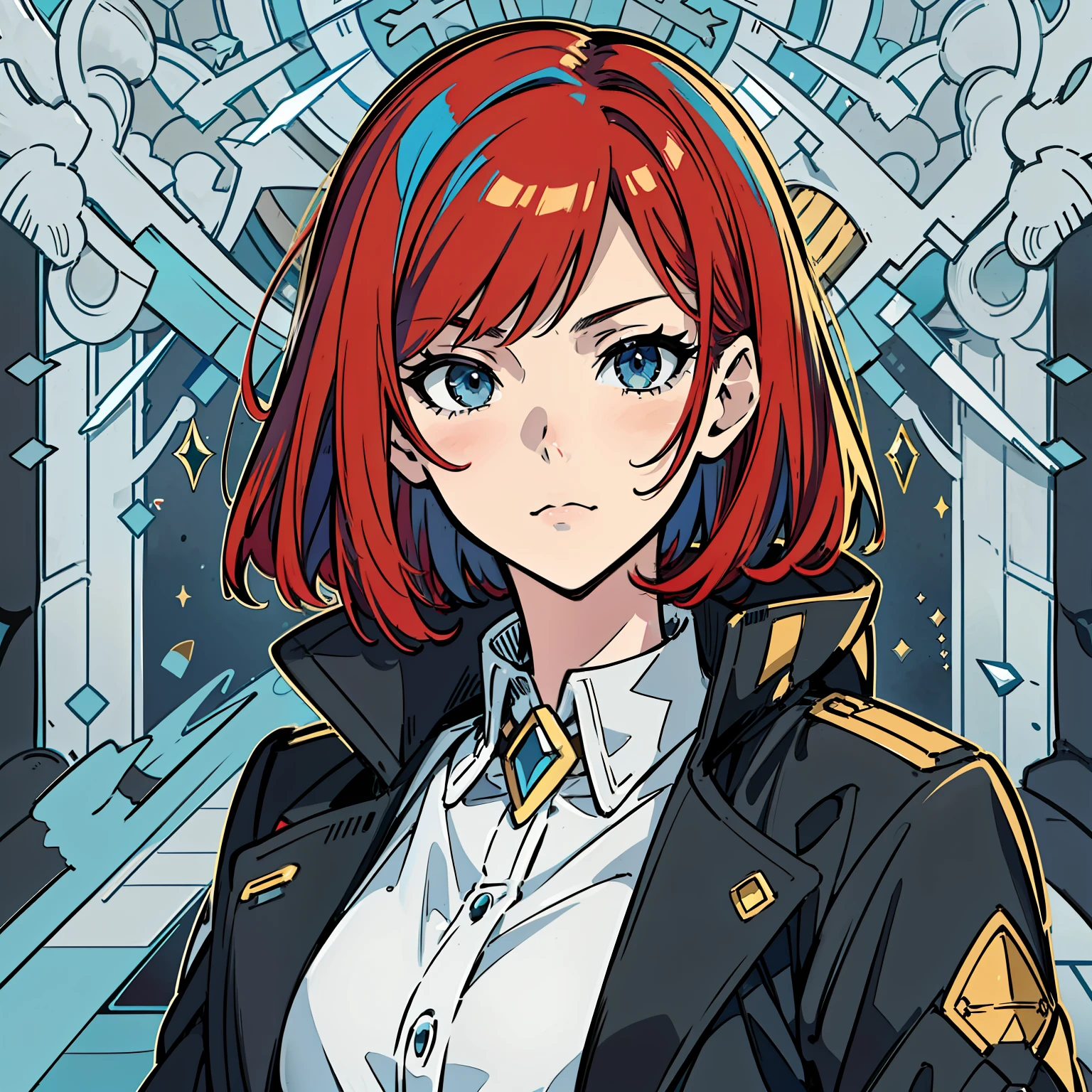 Anime - images in the style of women with red hair and blue eyes,scarlet hair,medium hair,bob cut,wavy hair,aquamarine eyesBlack coat, Female protagonist 👀 :8, portrait n - 9, Female protagonist, Portrait of a female anime hero, crisp clear rpg portrait, cyarine, Fine details,girls' frontline,detailed anime character art