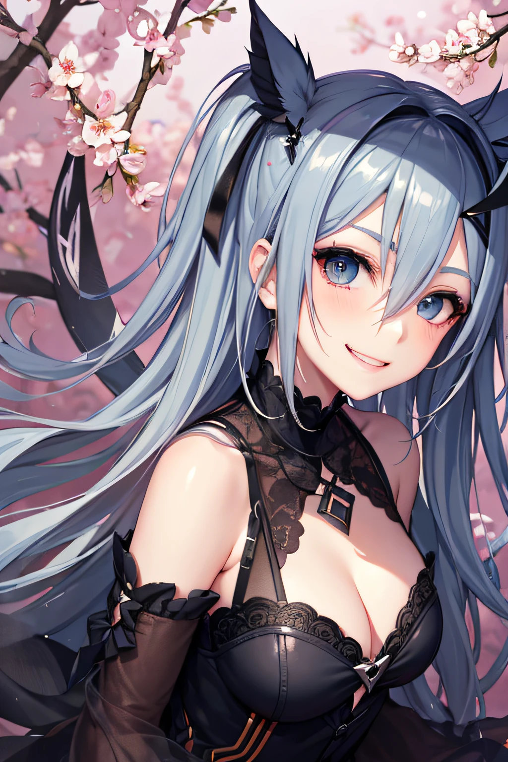Masterpiece anime characters。Little Devil Beautiful Girl、bobhair、Black crown、Wearing a gothic dress、Swaying gray hair、Smile with a cheeky look。