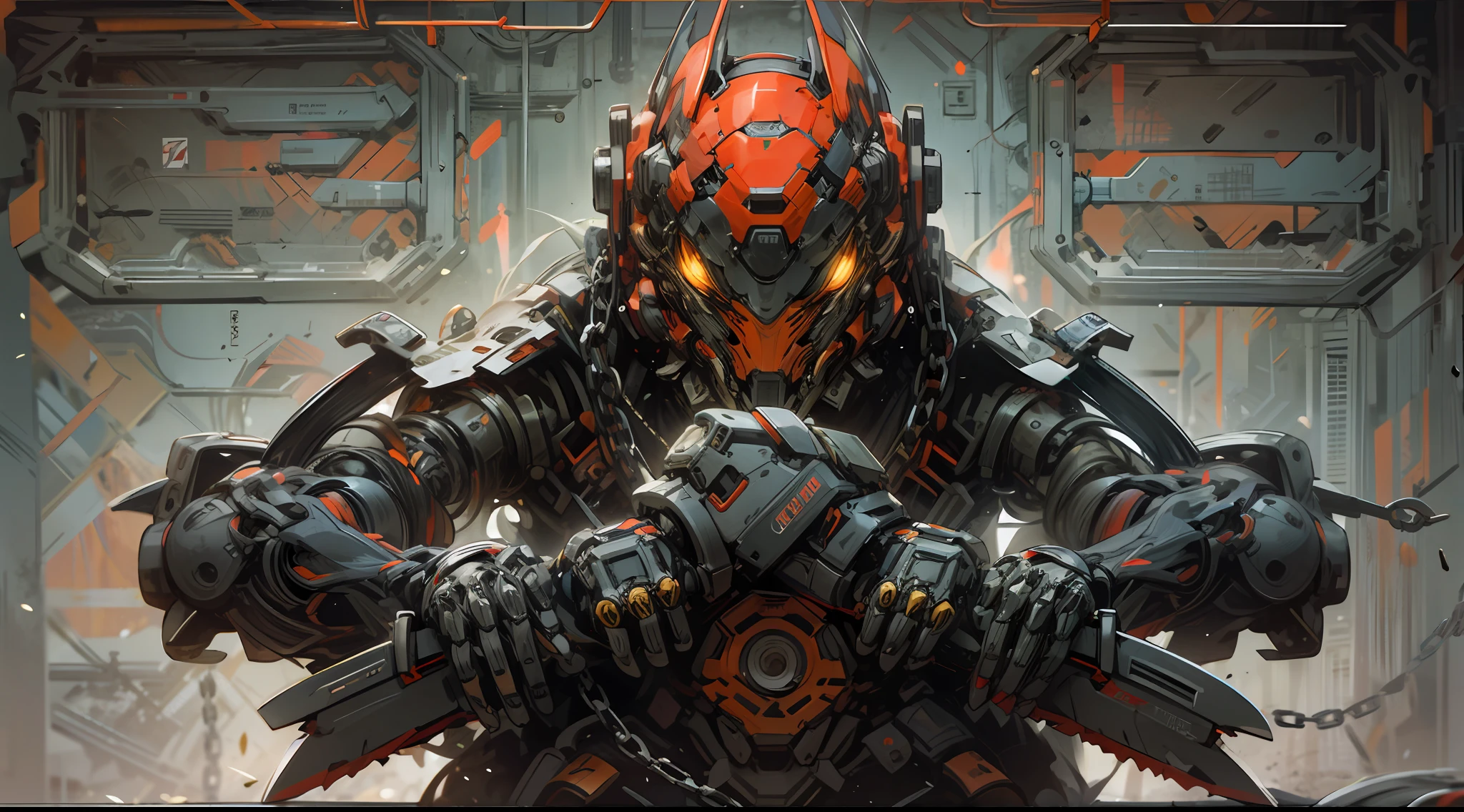 Dark_Fantasy,Cyberpunk,(chain saw,chain saw man,Red:1.1),1man,Mechanical marvel,Robotic presence,Cybernetic guardian,