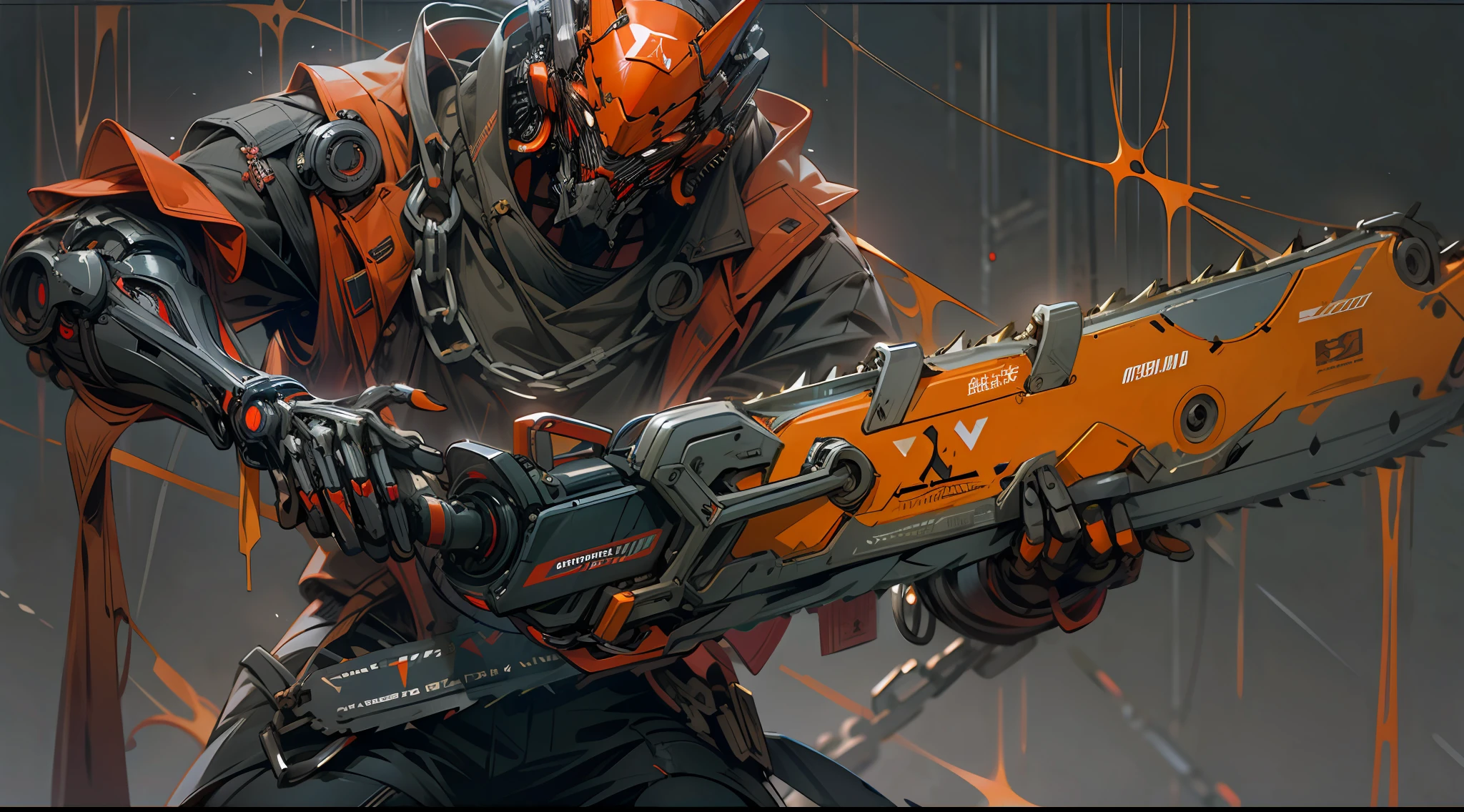 Dark_Fantasy,Cyberpunk,(chain saw,chain saw man,Red:1.1),1man,Mechanical marvel,Robotic presence,Cybernetic guardian,