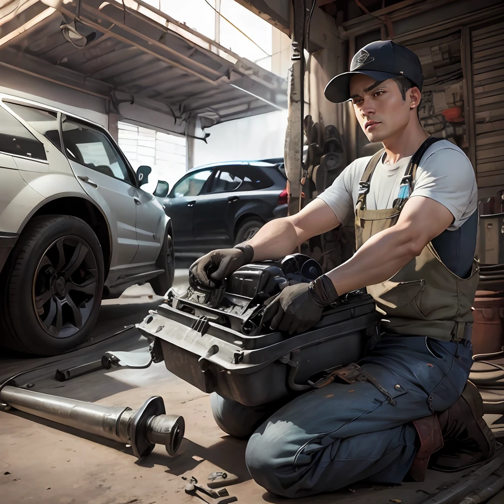 (HD quality car mechanic),With a wrench in his hand，Serious repair of a faulty engine，Operation similar to locomotive engines。Fine shots capture every detail，Plus bright and detailed light and shadow，Bring out the overall texture。Asian men