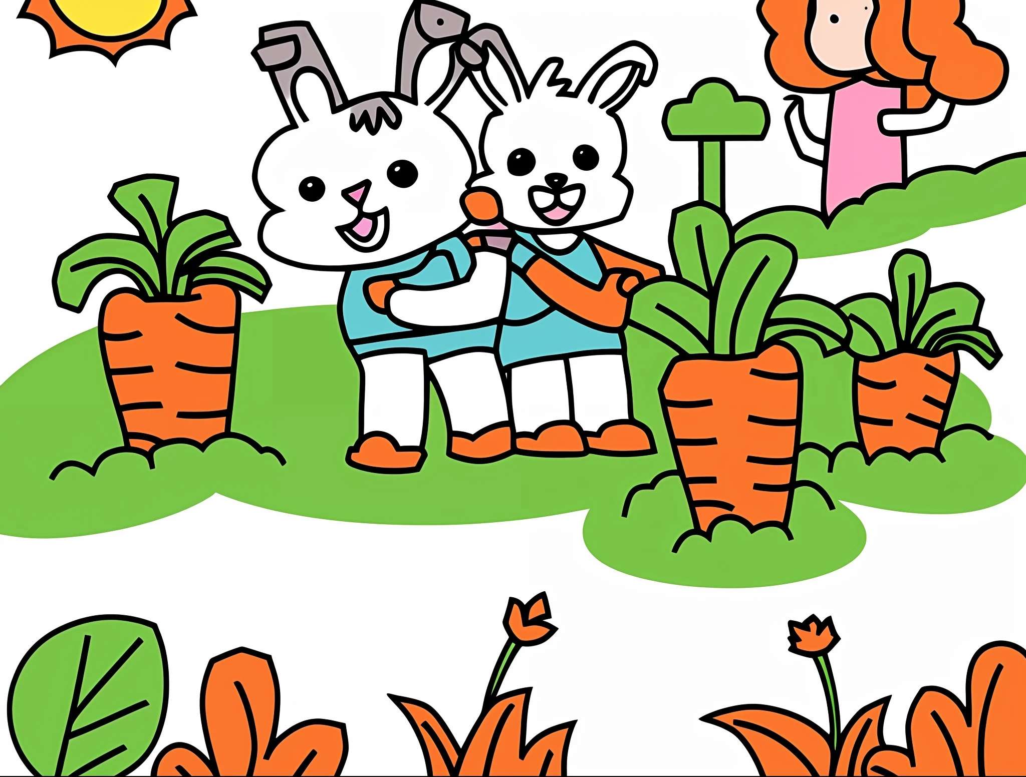 Draw a rabbit and a rabbit in the garden,There are carrots inside, coloring page, kids drawing, line art colouring page, children's book drawing, coloring page, based on child's drawing, kids drawing, contour drawing, a forest with bunnies, kids drawing,Cartoon drawing