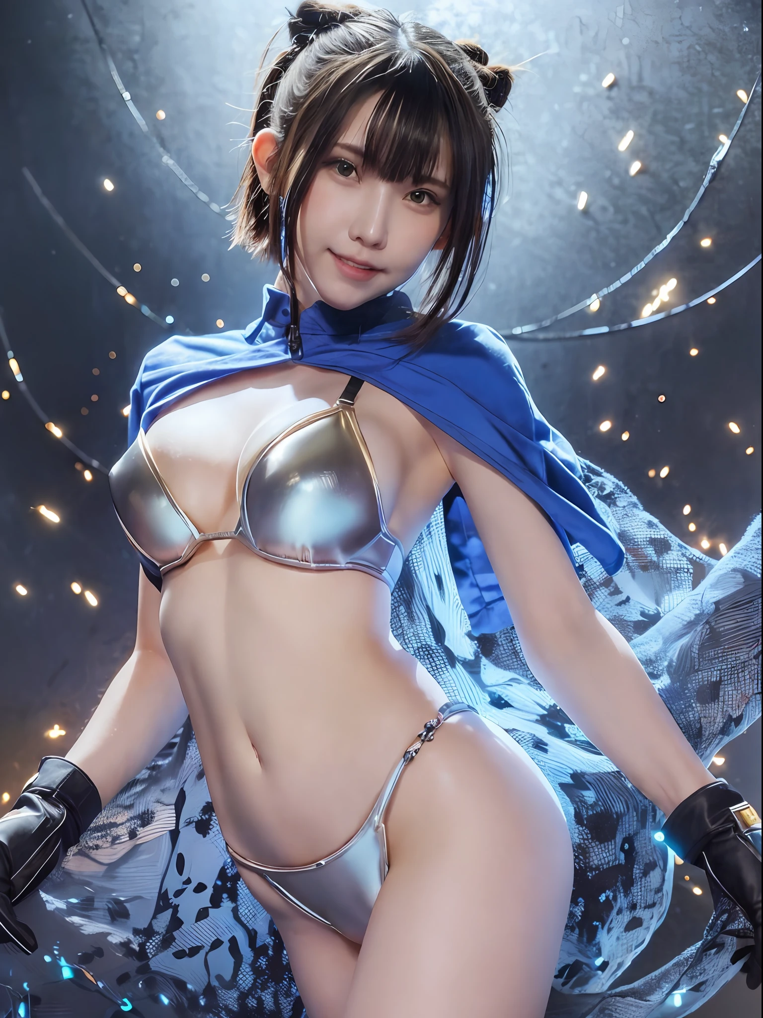 numerical analysis, (((The face is Enako of a cosplayer))) 、Elemental mages are engulfed in blue flames and yellow lightning, Chaos of color, Gold and ice tones, depth of fields, big breasts beautiful,Raised sexy,perfect body type,exposing the skin of the thighs,cyber punk style, ighly detailed, hyper realisitc, cinmatic lighting, Space background, cinematic lighting soft, (The light from the back window is backlighted: 1.2), (flower blossom: 1.2), (brightened light: 1.1), (color difference: 1.2), Sharp Focus, highly contrast , tmasterpiece, realisticlying,dynamicposes,(HighDynamicRange),Ray traching,NVIDIA RTX,Hyper-Resolution,Unreal 5,Subsurface scattering、PBR Texture、post processed、Anisotropy Filtering、depth of fields、maximum definition and sharpness、multi-layer texture、Surface Coloring、Accurate simulation of light-material interactions、perfectly proportions、rendering by octane、Two-colored light、White Balance、The Rule of Thirds、8K raw data、surrealism, Shadowing,Face the lens、((looking happy smile))