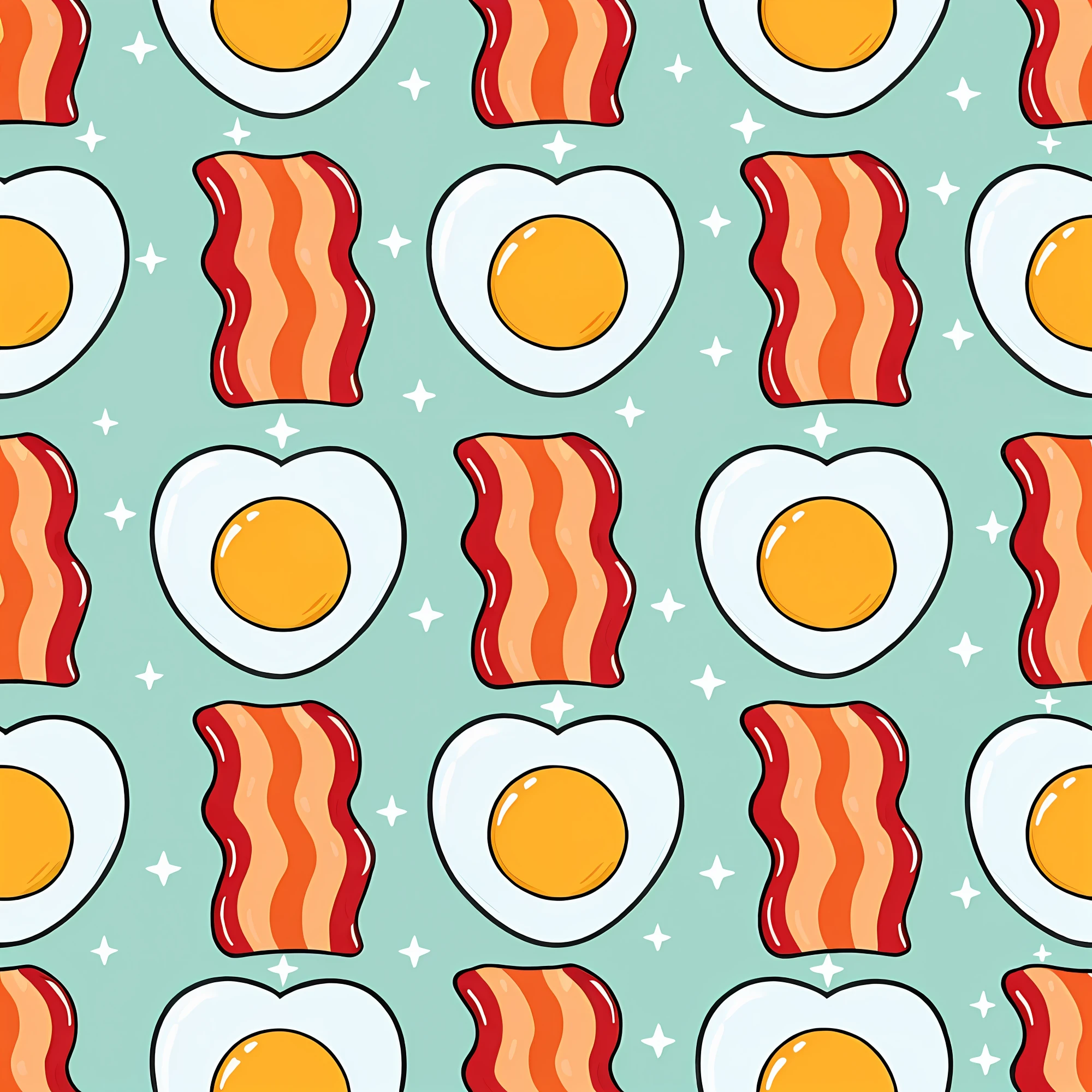 Seamless pattern of bacon and eggs on blue background, Seamless pattern design, Inspired by Lucy Angeline Bacon, Scott Adams, Seamless patterns, Inspired by Peggy Bacon, Eggs, arte de fundo, Generous breakfast, Bacon, flat, diner background, variation, author：Austin English, Pop art motifs, Green eggs and ham, icon pattern, Seamless, svg illustration, background artwork --auto