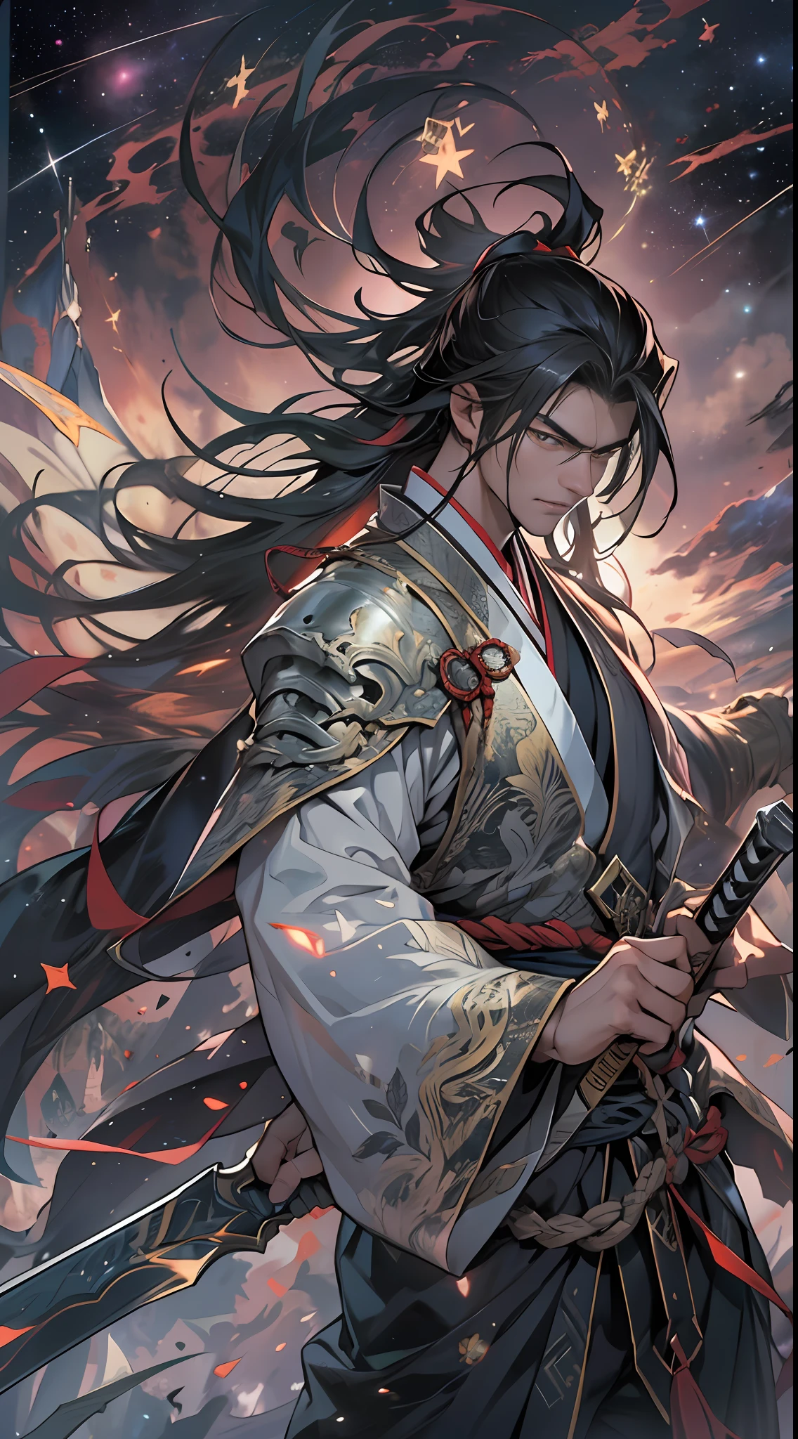 A determined man, Li Gu, retreats quickly to a distance of fifty thousand meters from a giant evil spirit, gripping his weapon tightly, with a resolute gaze, surrounded by a vast space background with twinkling stars, , 32k, best quality, masterpiece, super detail, high details,
