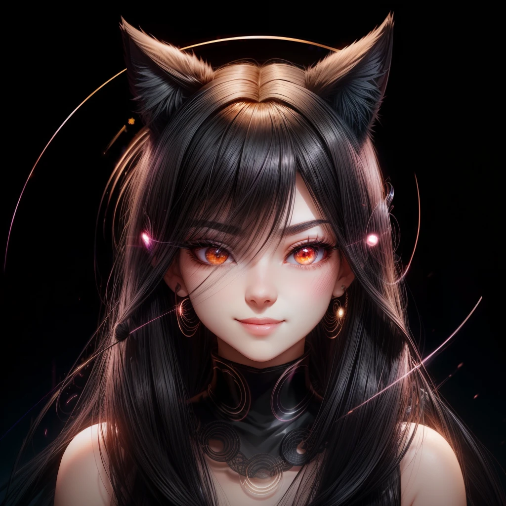 black hair, hair bobbles, wince, longeyelashes, solid circle eyes, fake animal ears, light smile, ear blush, fang, Surrealism, drop shadow, anaglyph, stereogram, tachi-e, pov, atmospheric perspective, 8k, super detail, ccurate, best quality --auto