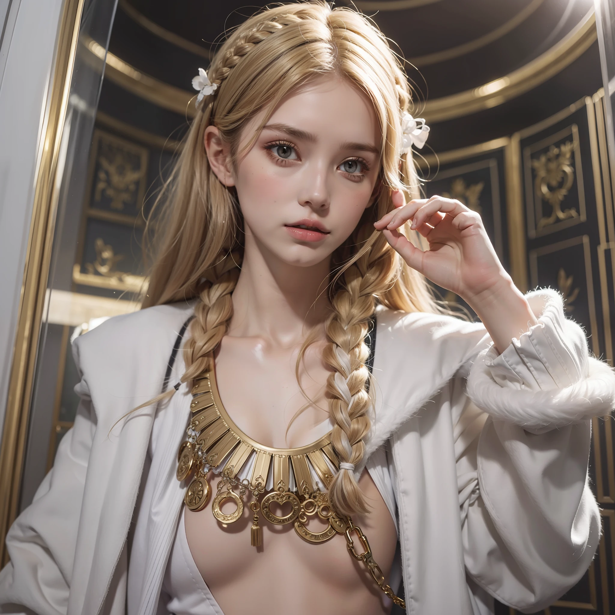 Manteau blanc,white skinned,whaite hair,long braid,Golden eyes,Look up,The upper part of the body,Need,tmasterpiece
