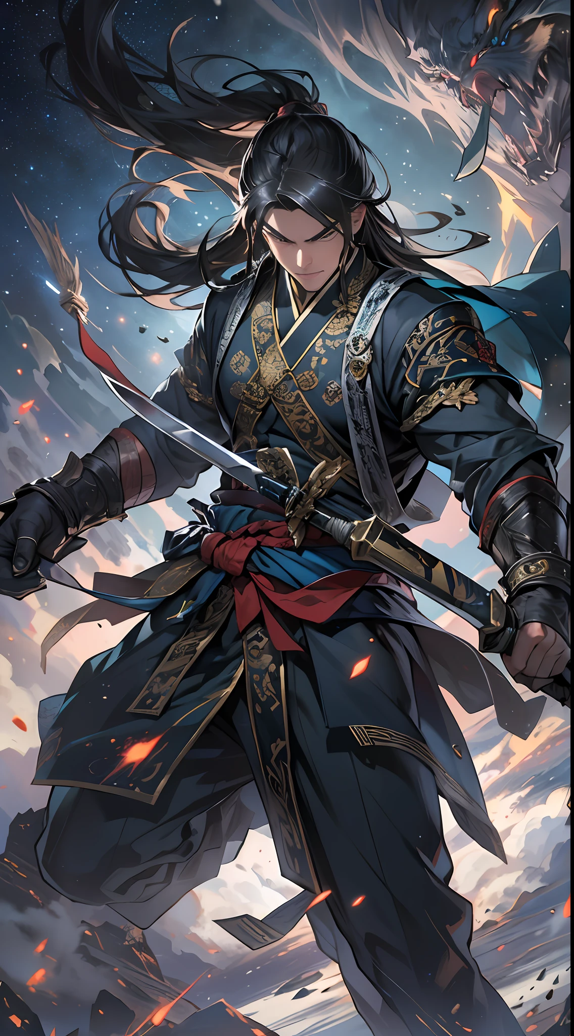 A determined man, Li Gu, retreats quickly to a distance of fifty thousand meters from a giant evil spirit, gripping his weapon tightly, with a resolute gaze, surrounded by a vast space background with twinkling stars, , 32k, best quality, masterpiece, super detail, high details,