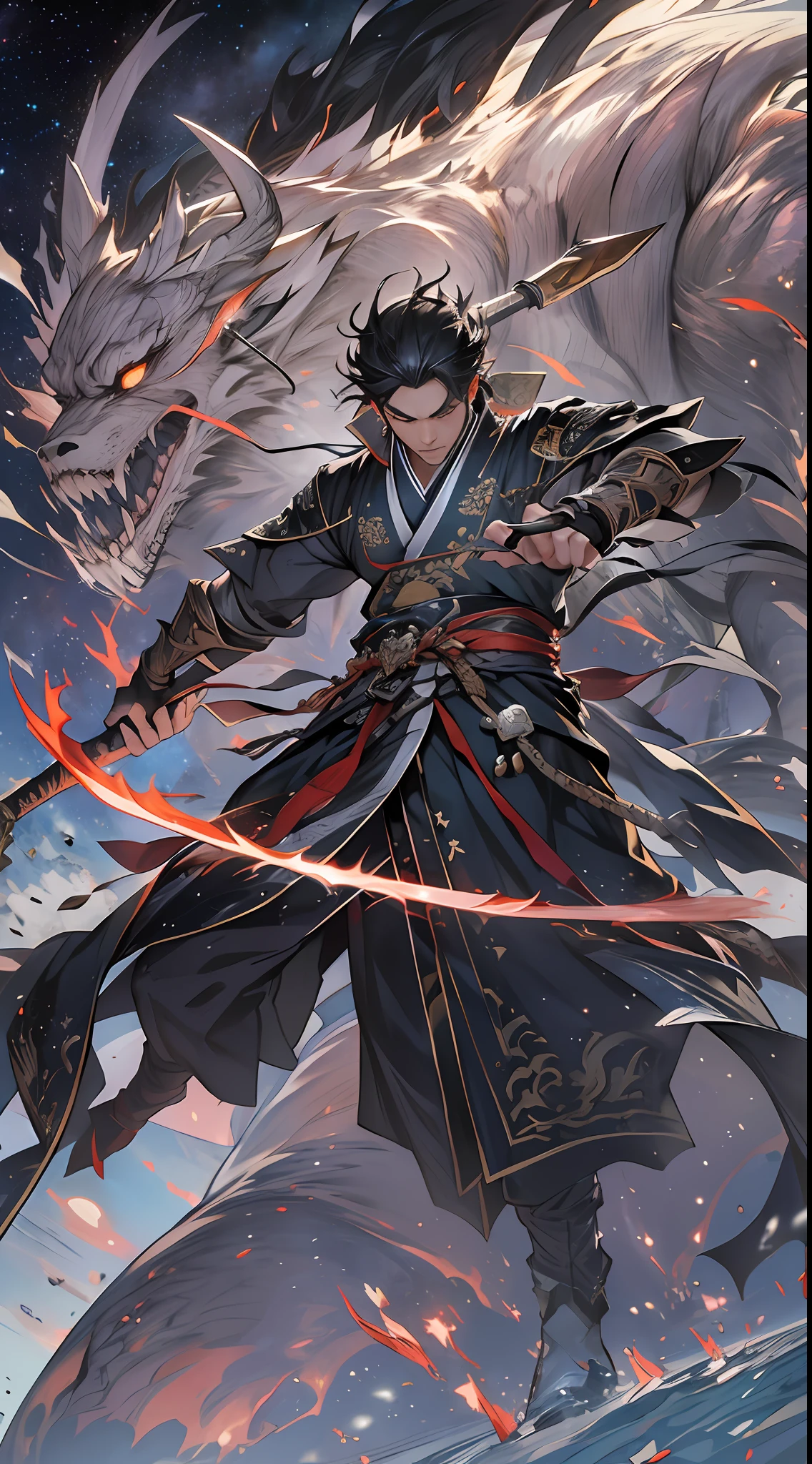 A determined man, Li Gu, retreats quickly to a distance of fifty thousand meters from a giant evil spirit, gripping his weapon tightly, with a resolute gaze, surrounded by a vast space background with twinkling stars, , 32k, best quality, masterpiece, super detail, high details,