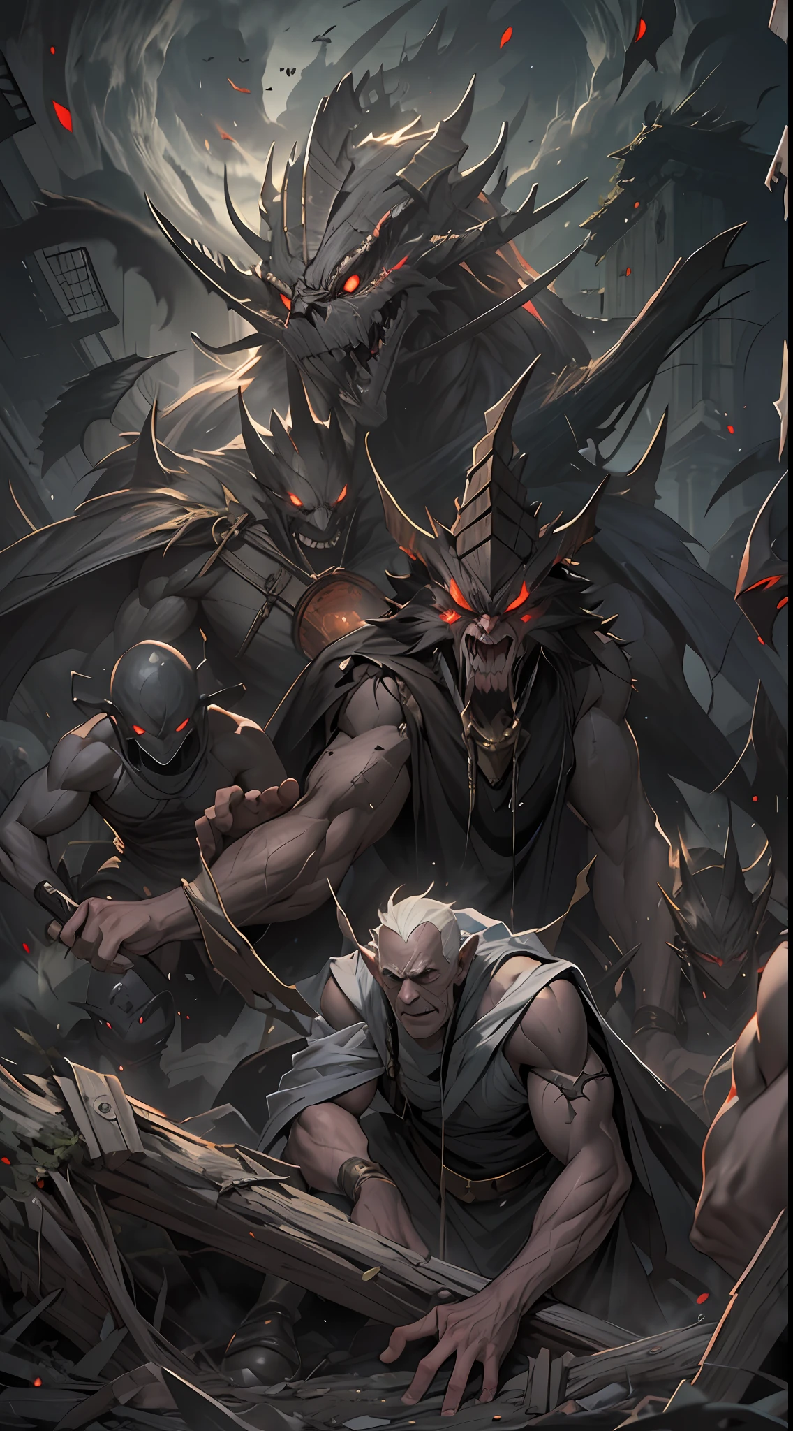 A weak team, powerless to resist, helplessly watches as the giant evil spirit gets closer and closer to them, their expressions filled with helplessness and despair, surrounded by a sense of oppression, , 32k, best quality, masterpiece, super detail, high details,