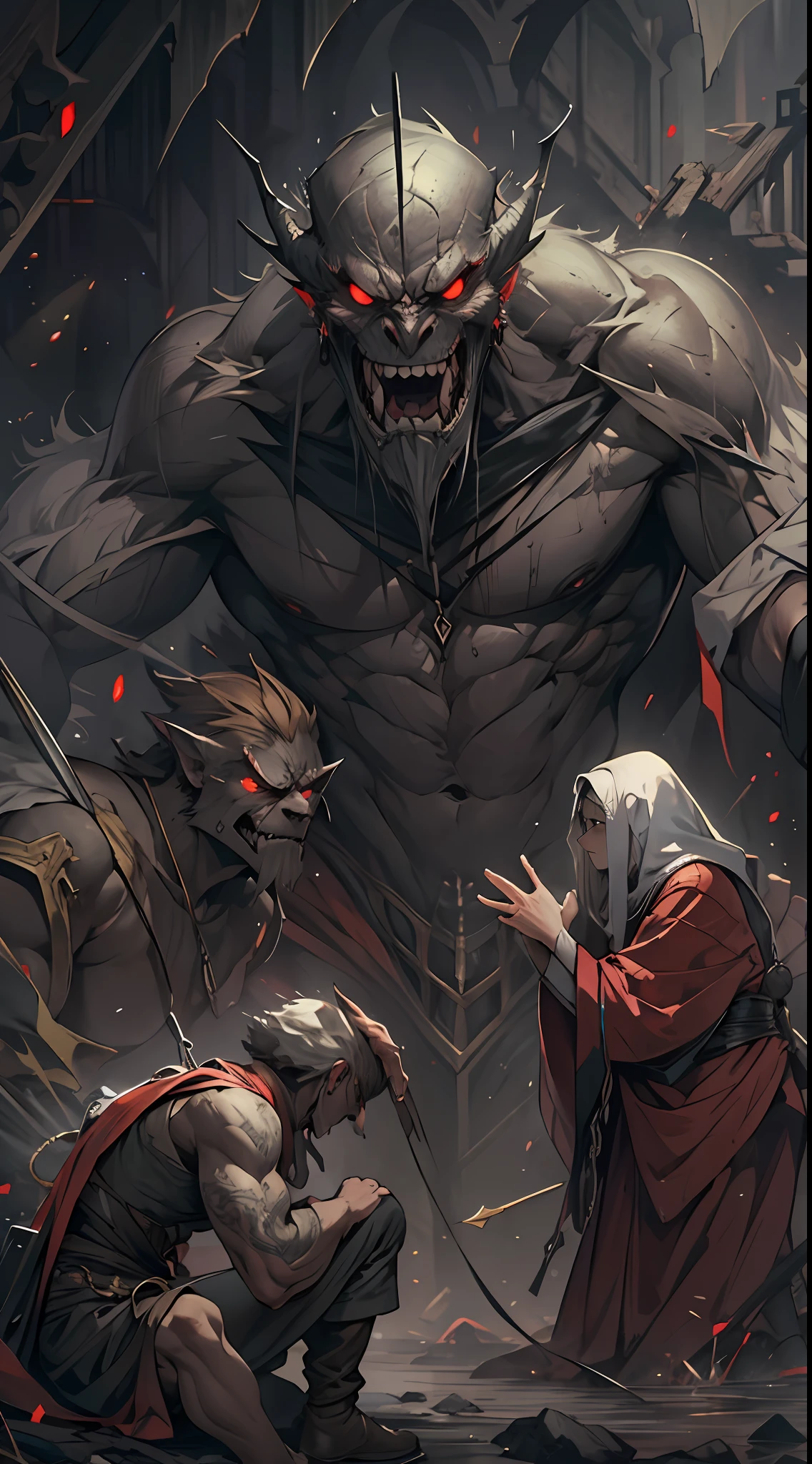 A weak team, powerless to resist, helplessly watches as the giant evil spirit gets closer and closer to them, their expressions filled with helplessness and despair, surrounded by a sense of oppression, , 32k, best quality, masterpiece, super detail, high details,