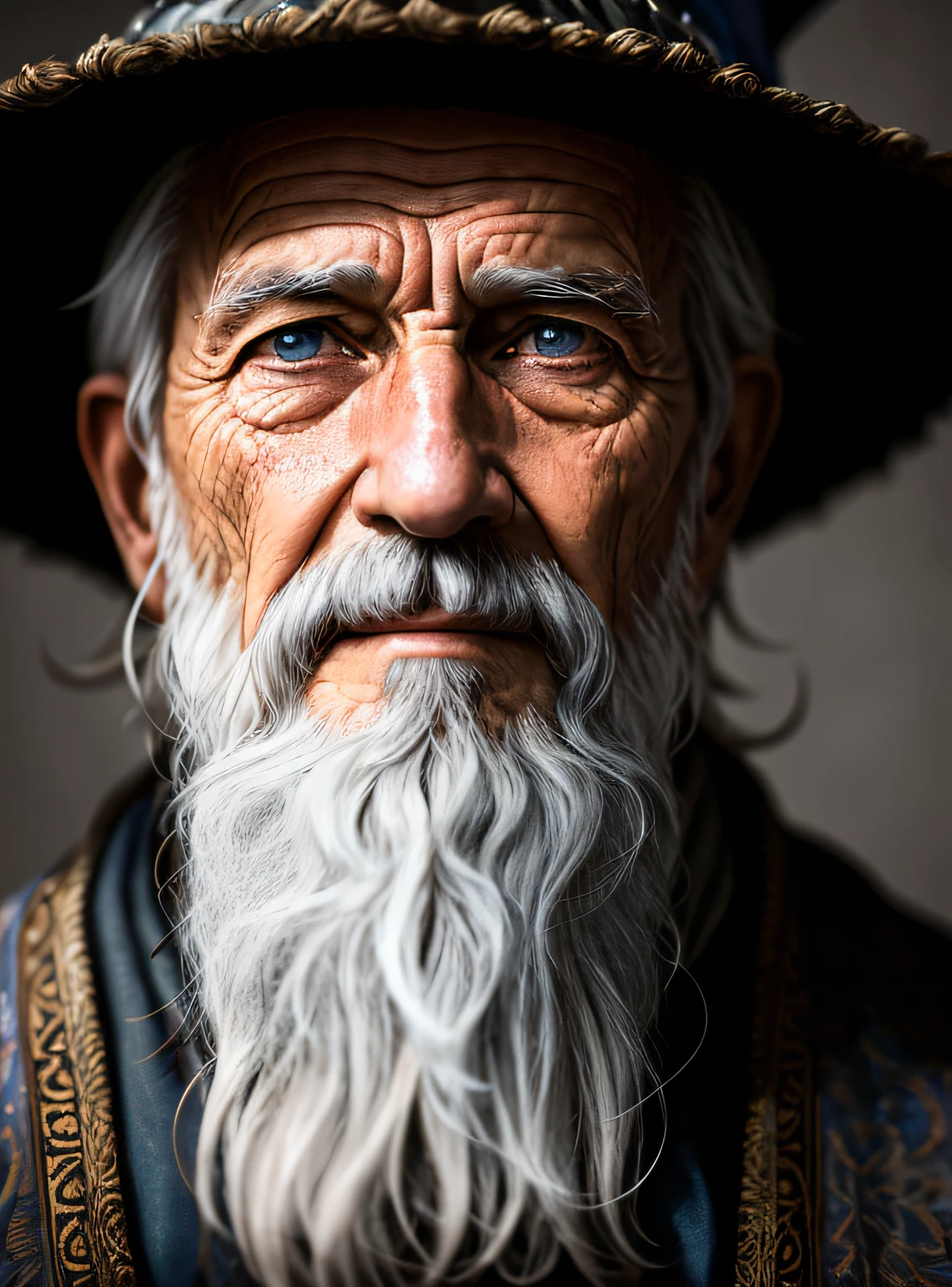 A portrait of a wizard, bearded, wrinkled, weathered, with piercing eyes, detailed face, high details, photography, dark studio, rim light, Nikon D850, 50mm, f/1.4