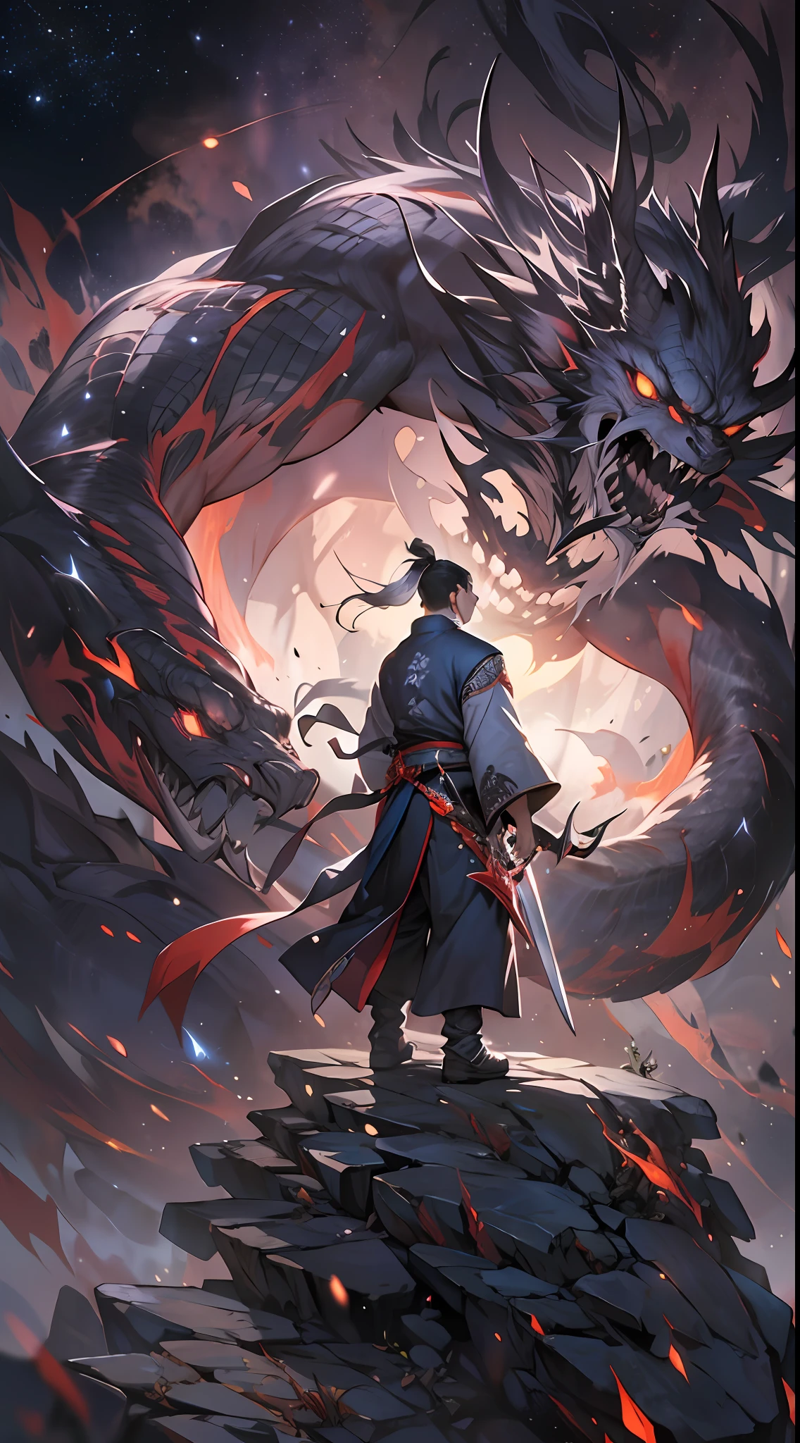 A determined man, Li Gu, retreats quickly to a distance of fifty thousand meters from a giant evil spirit, gripping his weapon tightly, with a resolute gaze, surrounded by a vast space background with twinkling stars, , 32k, best quality, masterpiece, super detail, high details,