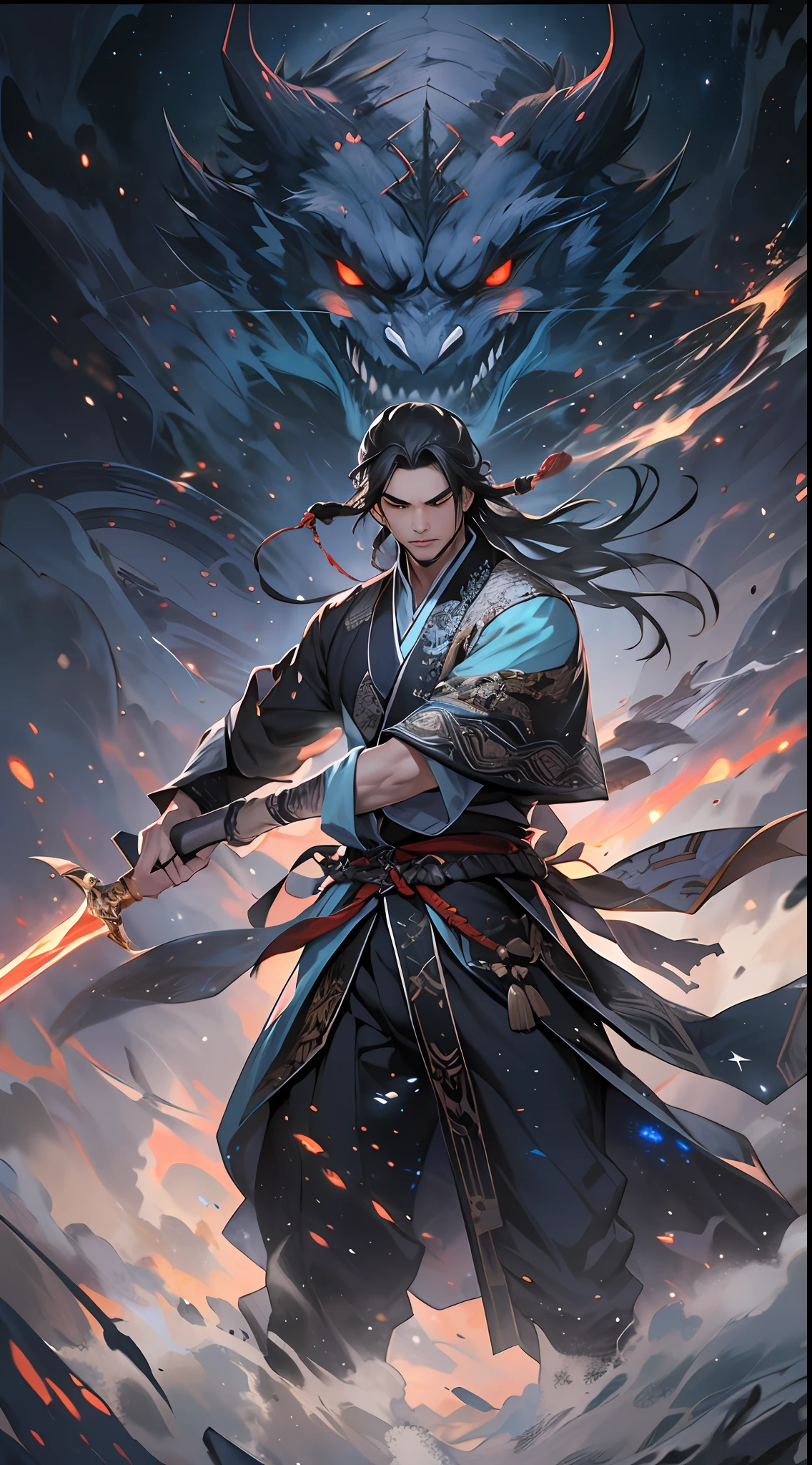 A determined man, Li Gu, retreats quickly to a distance of fifty thousand meters from a giant evil spirit, gripping his weapon tightly, with a resolute gaze, surrounded by a vast space background with twinkling stars, , 32k, best quality, masterpiece, super detail, high details,