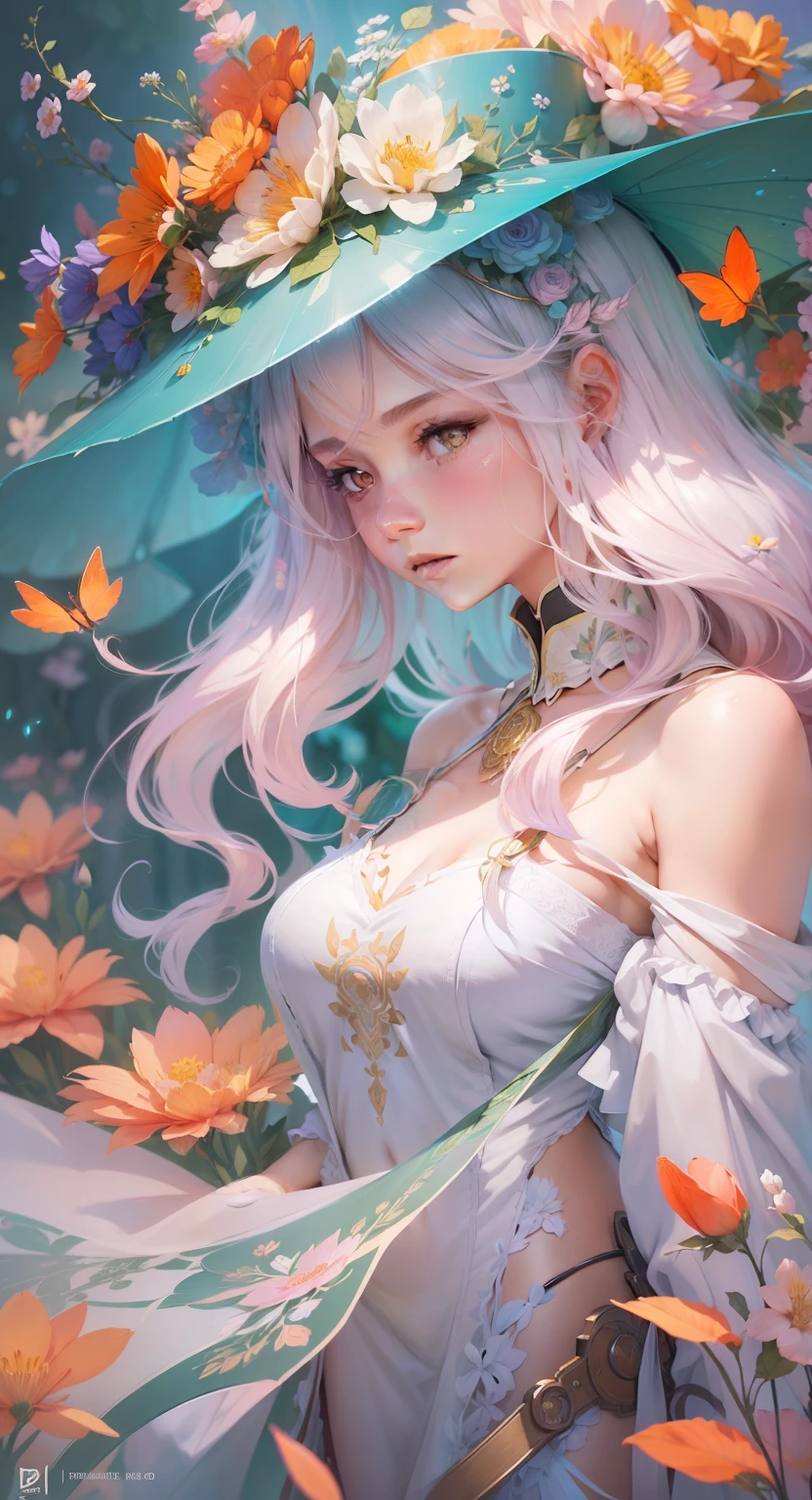 anime girl with flowers in her hair and a hat, A beautiful artwork illustration, Beautiful digital artwork, stunning digital illustration, beautiful digital illustration, Ross Tran 8 K, author:Oliver Sheen, Fantasy art Behance, Beautiful character painting, beautiful fantasy art portrait, Exquisite digital illustration, Fantasy art style, alphonse mucha and rossdraws, detailed fantasy digital art, beautiful fantasy portrait