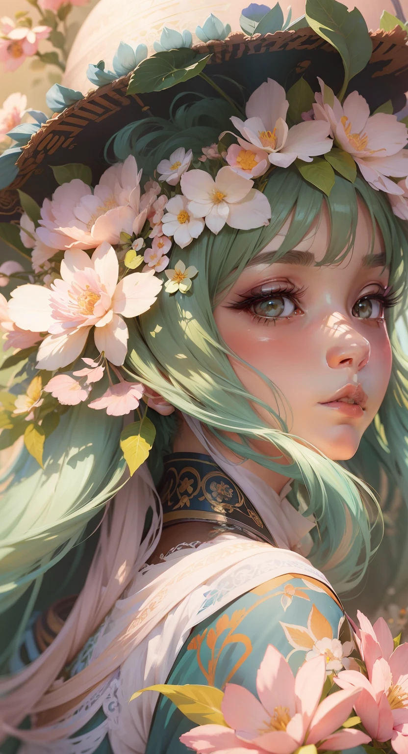 anime girl with flowers in her hair and a hat, A beautiful artwork illustration, Beautiful digital artwork, stunning digital illustration, beautiful digital illustration, Ross Tran 8 K, author:Oliver Sheen, Fantasy art Behance, Beautiful character painting, beautiful fantasy art portrait, Exquisite digital illustration, Fantasy art style, alphonse mucha and rossdraws, detailed fantasy digital art, beautiful fantasy portrait