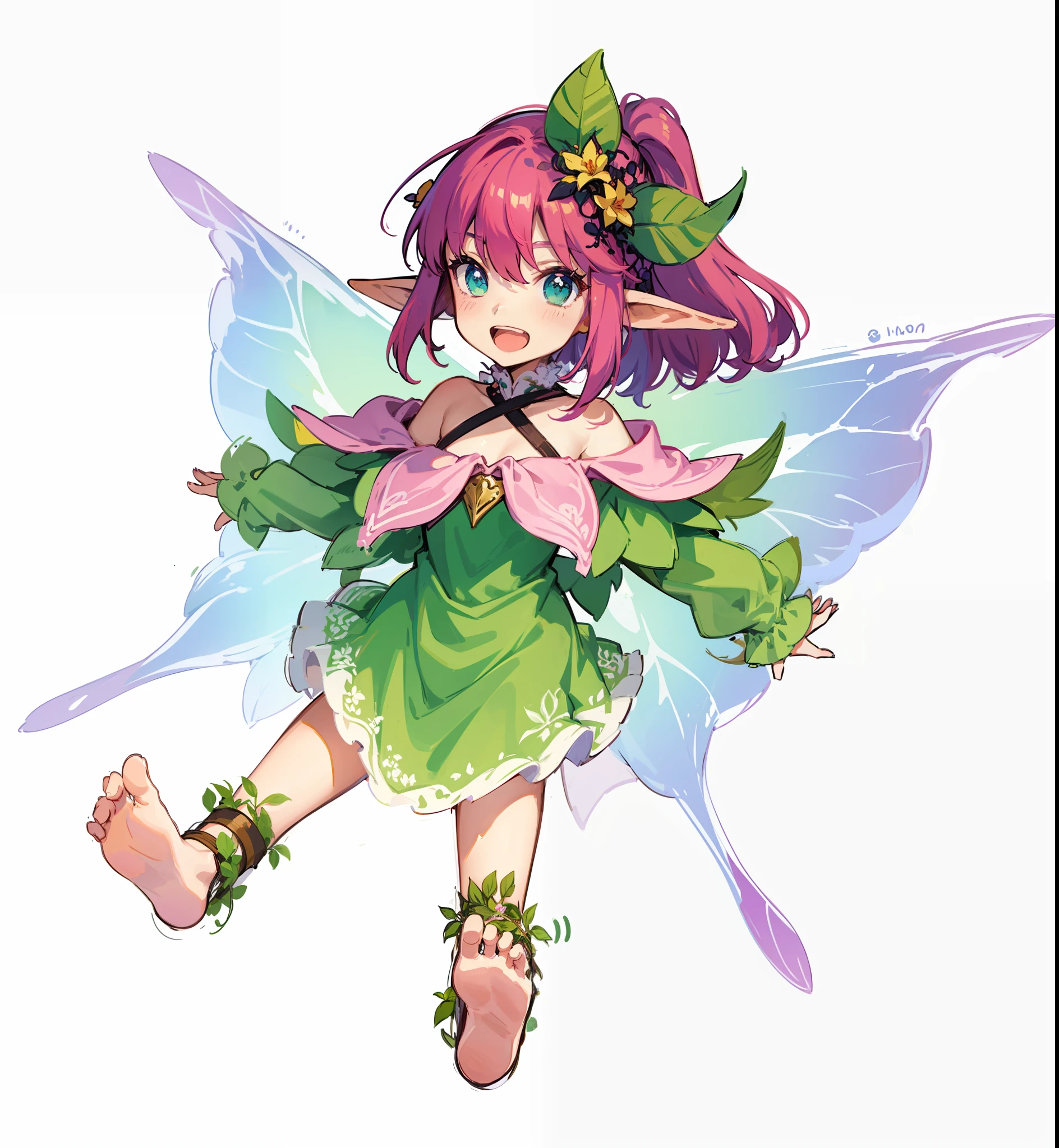 Anime girl with pink hair and green dress holding a flower, elf girl wearing an flower suit, pixie character, faerie, The Forest Fairy, Fae, Little Elven Girl Art Style Rune Factory 5