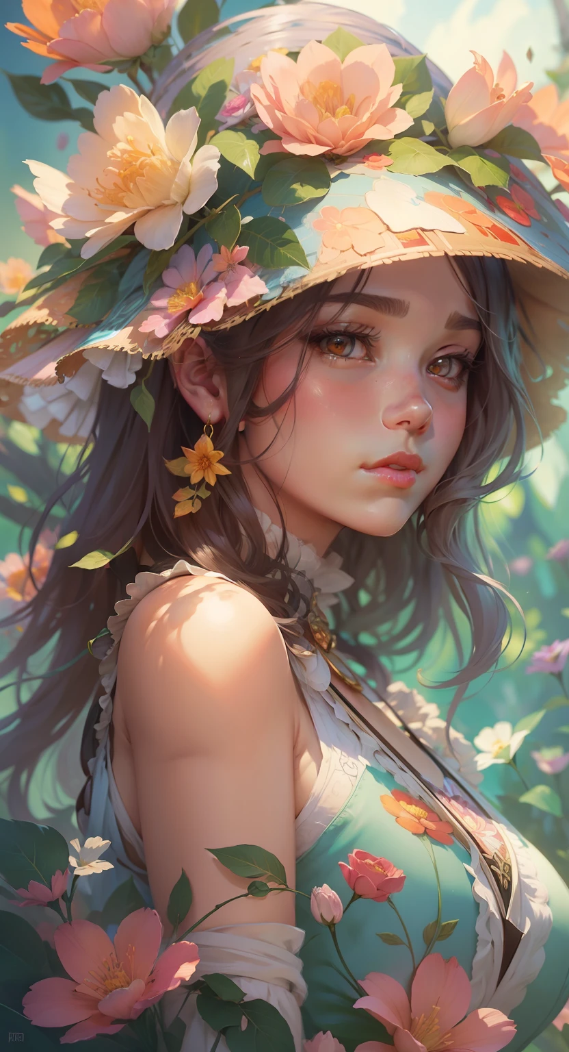 anime girl with flowers in her hair and a hat, A beautiful artwork illustration, Beautiful digital artwork, stunning digital illustration, beautiful digital illustration, Ross Tran 8 K, author:Oliver Sheen, Fantasy art Behance, Beautiful character painting, beautiful fantasy art portrait, Exquisite digital illustration, Fantasy art style, alphonse mucha and rossdraws, detailed fantasy digital art, beautiful fantasy portrait