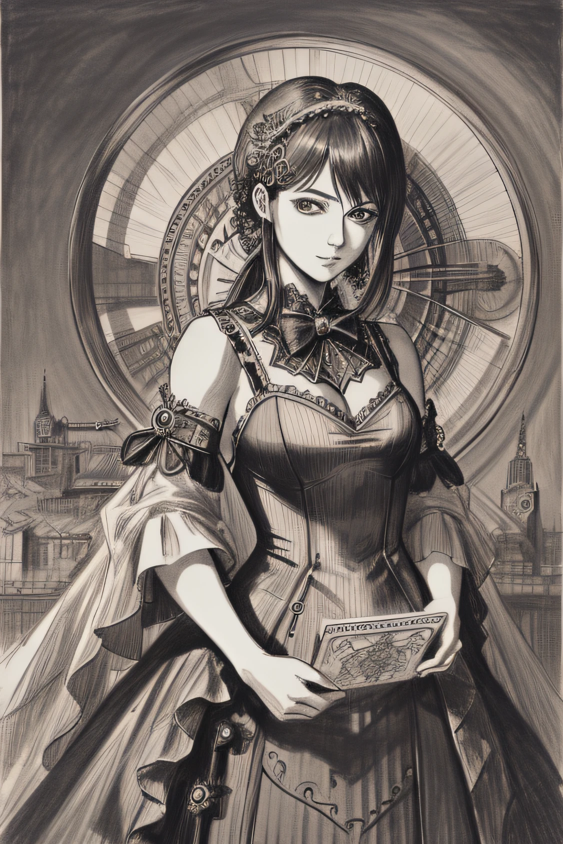 A captivating greyscale pencil drawing capturing the elegant Kobeni from the manga series Chainsaw Man, depicted in a detailed portrait that extends till her torso. Kobeni is portrayed wearing a mesmerizing steampunk-inspired dress, adorned with intricate gears, chains, and ornate lace. The sketch showcases the fine details of her dress and the meticulous shading that brings depth to her form. The drawing is rendered in 4K HDR, allowing for stunning visual clarity and contrast. The background is kept minimal to accentuate Kobeni's captivating presence and the intricate steampunk aesthetics of her attire. Style: Detailed pencil drawing with a focus on precise linework, shading, and texture, capturing the essence of Kobeni's steampunk dress. Execution: Created using high-quality pencils on fine-grained paper, employing various shading techniques to achieve a lifelike portrayal with rich details and textures. --ar 1:1 --v 5