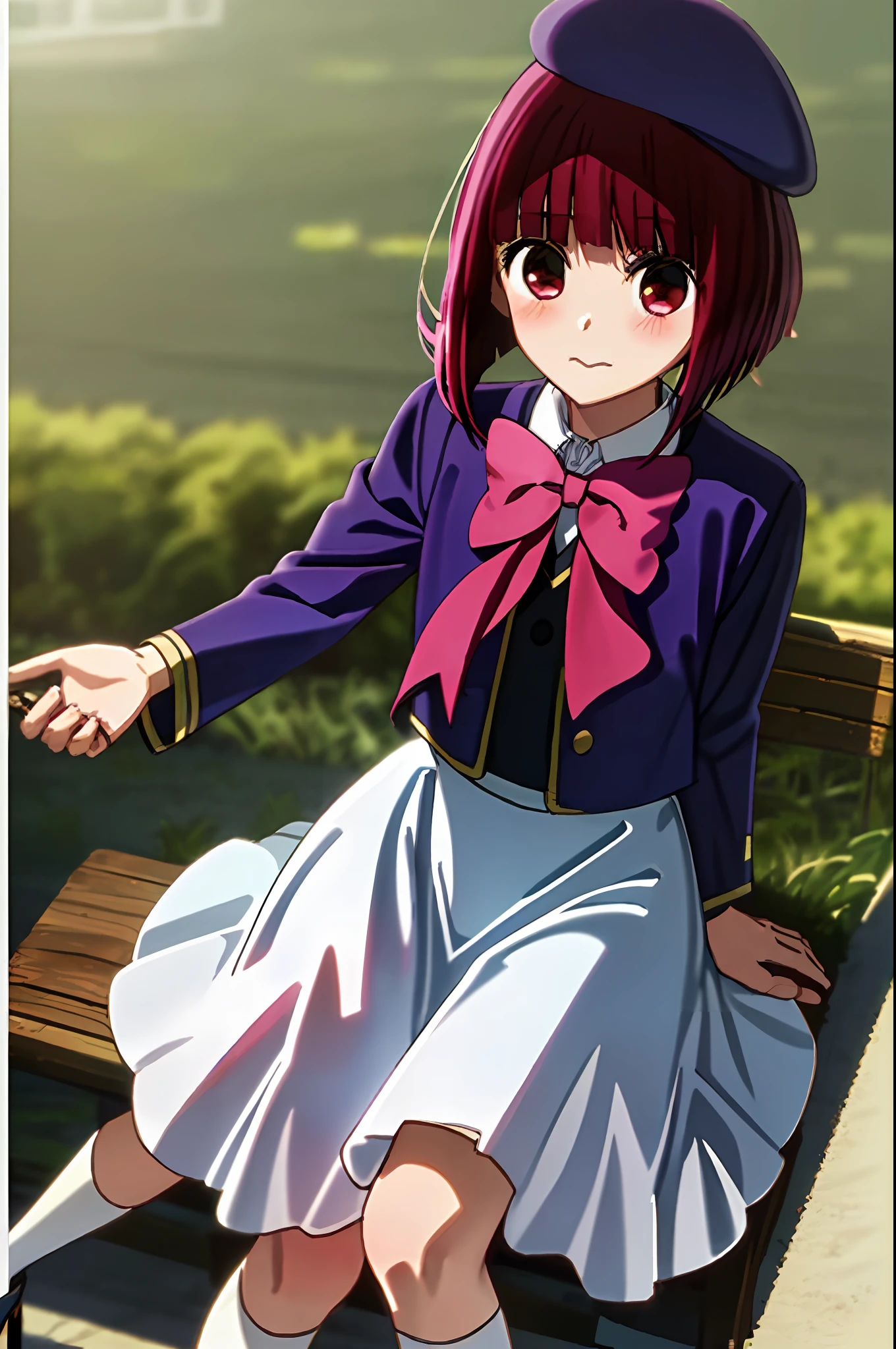 (​masterpiece、top-quality、hight resolution)、 Kana Arima \(Oshinoko\), school_uniform、Violet Beret、pink_Red bow tie、violet_jaket、sitting on、a park、Blushing cheeks