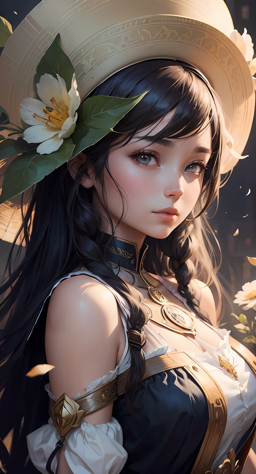 anime girl with flowers in her hair and a hat, A beautiful artwork illustration, Beautiful digital artwork, stunning digital illustration, beautiful digital illustration, Ross Tran 8 K, author:Oliver Sheen, Fantasy art Behance, Beautiful character painting, beautiful fantasy art portrait, Exquisite digital illustration, Fantasy art style, alphonse mucha and rossdraws, detailed fantasy digital art, beautiful fantasy portrait --auto