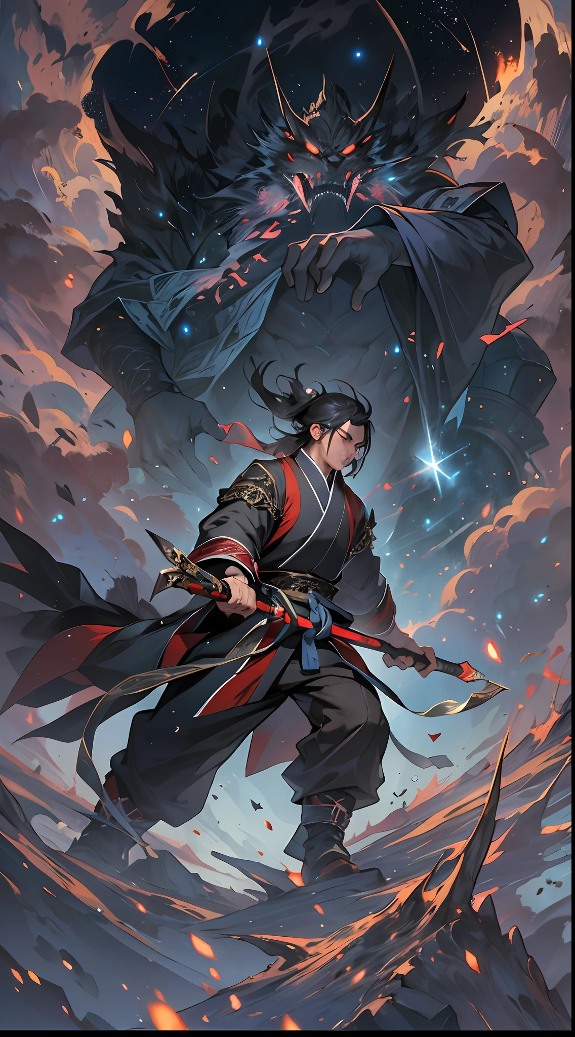 A determined man, Li Gu, retreats quickly to a distance of fifty thousand meters from a giant evil spirit, gripping his weapon tightly, with a resolute gaze, surrounded by a vast space background with twinkling stars, , 32k, best quality, masterpiece, super detail, high details,