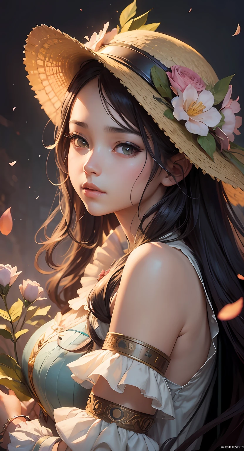 anime girl with flowers in her hair and a hat, A beautiful artwork illustration, Beautiful digital artwork, stunning digital illustration, beautiful digital illustration, Ross Tran 8 K, author：Oliver Sheen, Fantasy art Behance, Beautiful character painting, beautiful fantasy art portrait, Exquisite digital illustration, Fantasy art style, alphonse mucha and rossdraws, detailed fantasy digital art, beautiful fantasy portrait --auto