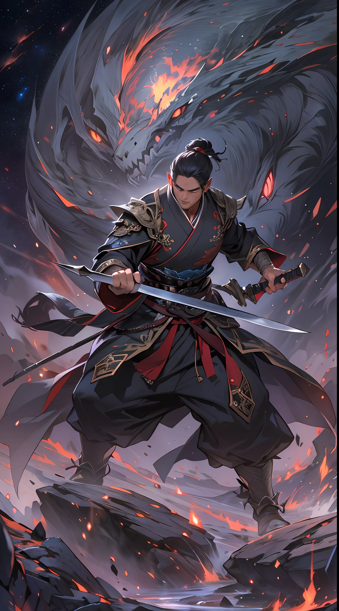 A determined man, Li Gu, retreats quickly to a distance of fifty thousand meters from a giant evil spirit, gripping his weapon tightly, with a resolute gaze, surrounded by a vast space background with twinkling stars, , 32k, best quality, masterpiece, super detail, high details,
