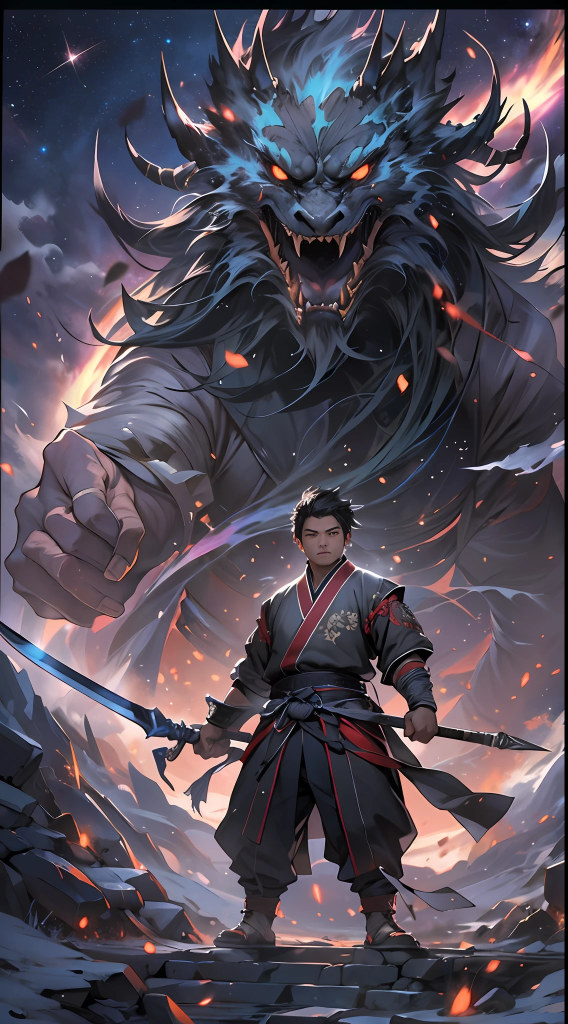 A determined man, Li Gu, retreats quickly to a distance of fifty thousand meters from a giant evil spirit, gripping his weapon tightly, with a resolute gaze, surrounded by a vast space background with twinkling stars, , 32k, best quality, masterpiece, super detail, high details,