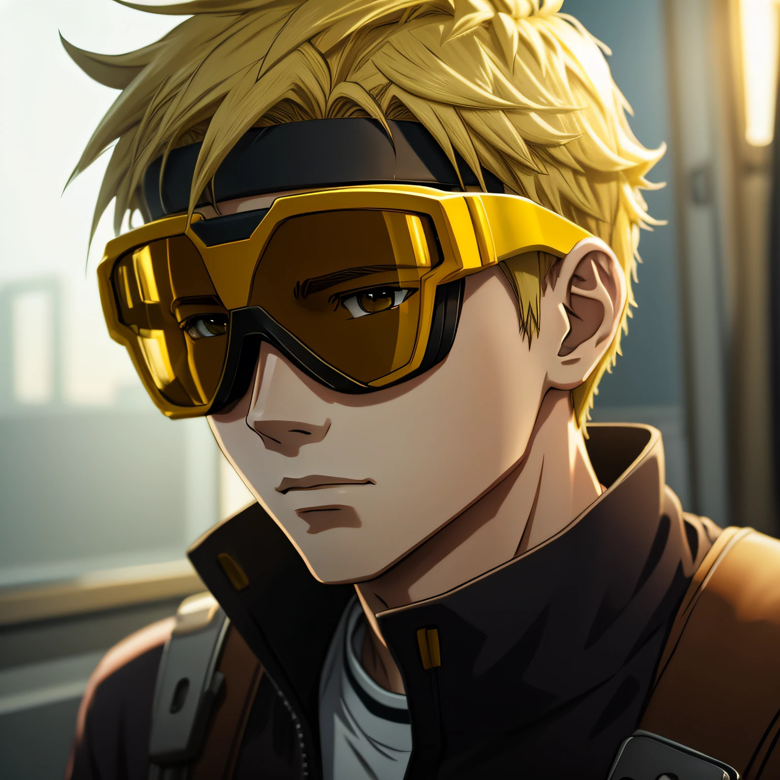 Short brown and yellow hair, goggles on headwear, Anime style, Depth of field,male people --auto
