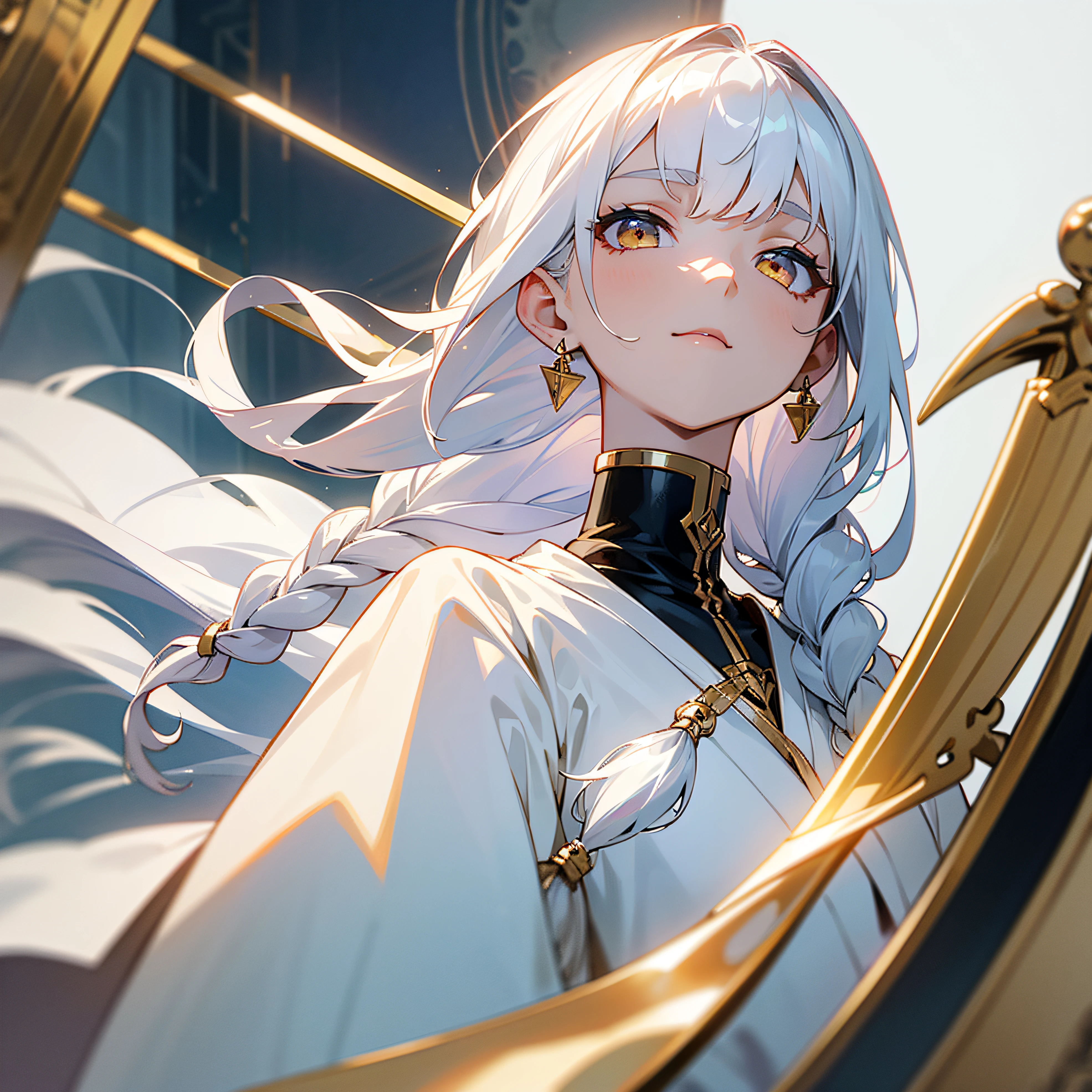 best quality, masterpiece,white hair, gold eyes,white clothes, looking up, upper body,hair strand,Fair skin,side braids