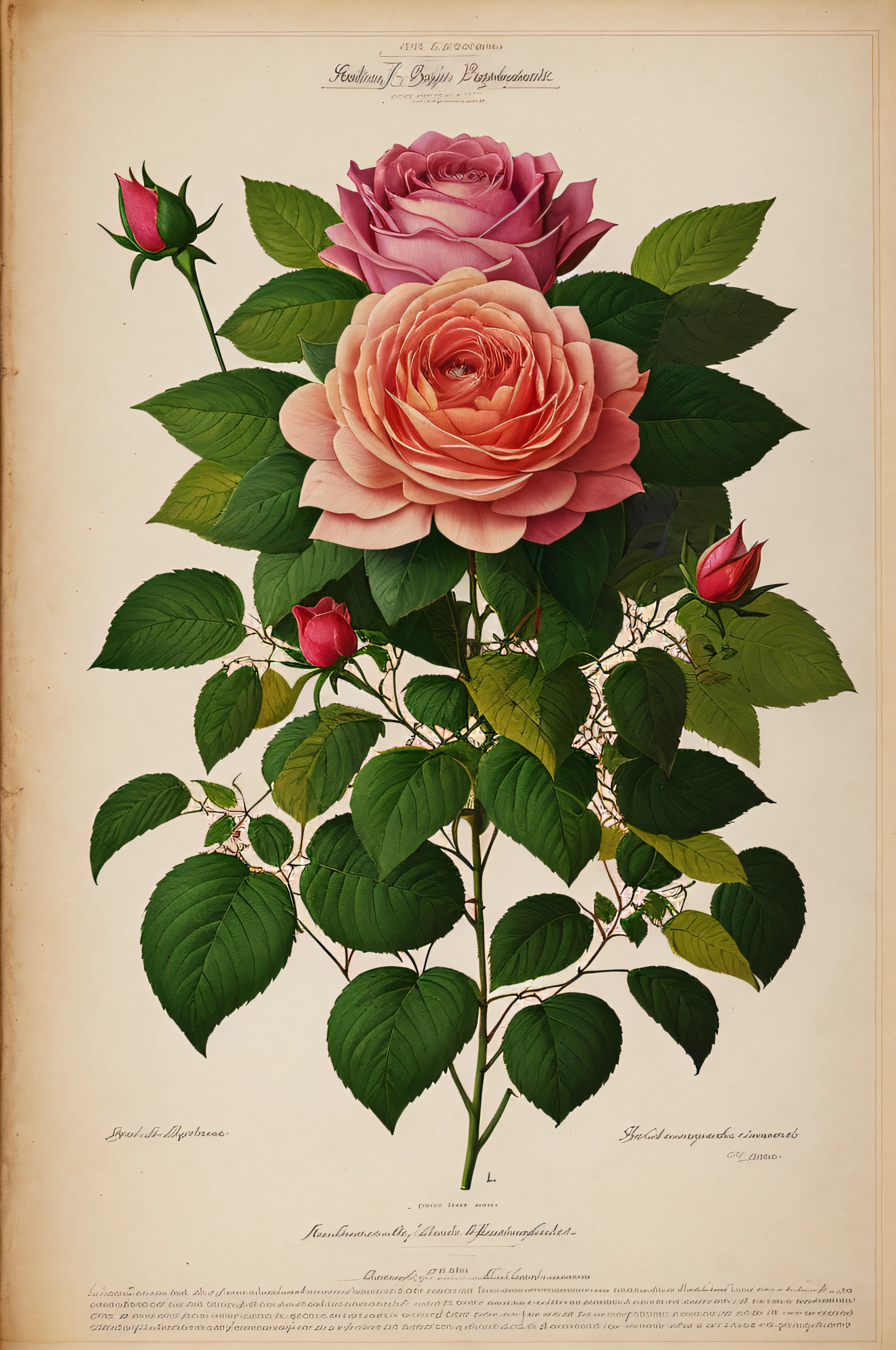 (best quality:1.2), (detailed:1.2), (masterpiece:1.2), vintage botanical illustrations of Larger Provence Rose (1770 1775) in high resolution by John Edwards