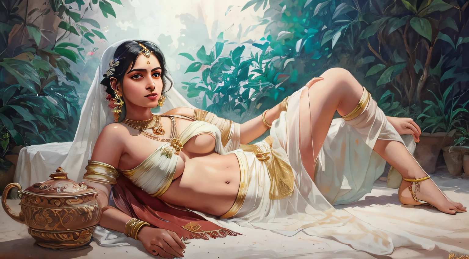 Reclining Nair Lady by artist Raja Ravi Varma, Realistic, 8K, ultra-detailed, Unreal Engine, midjourney art style