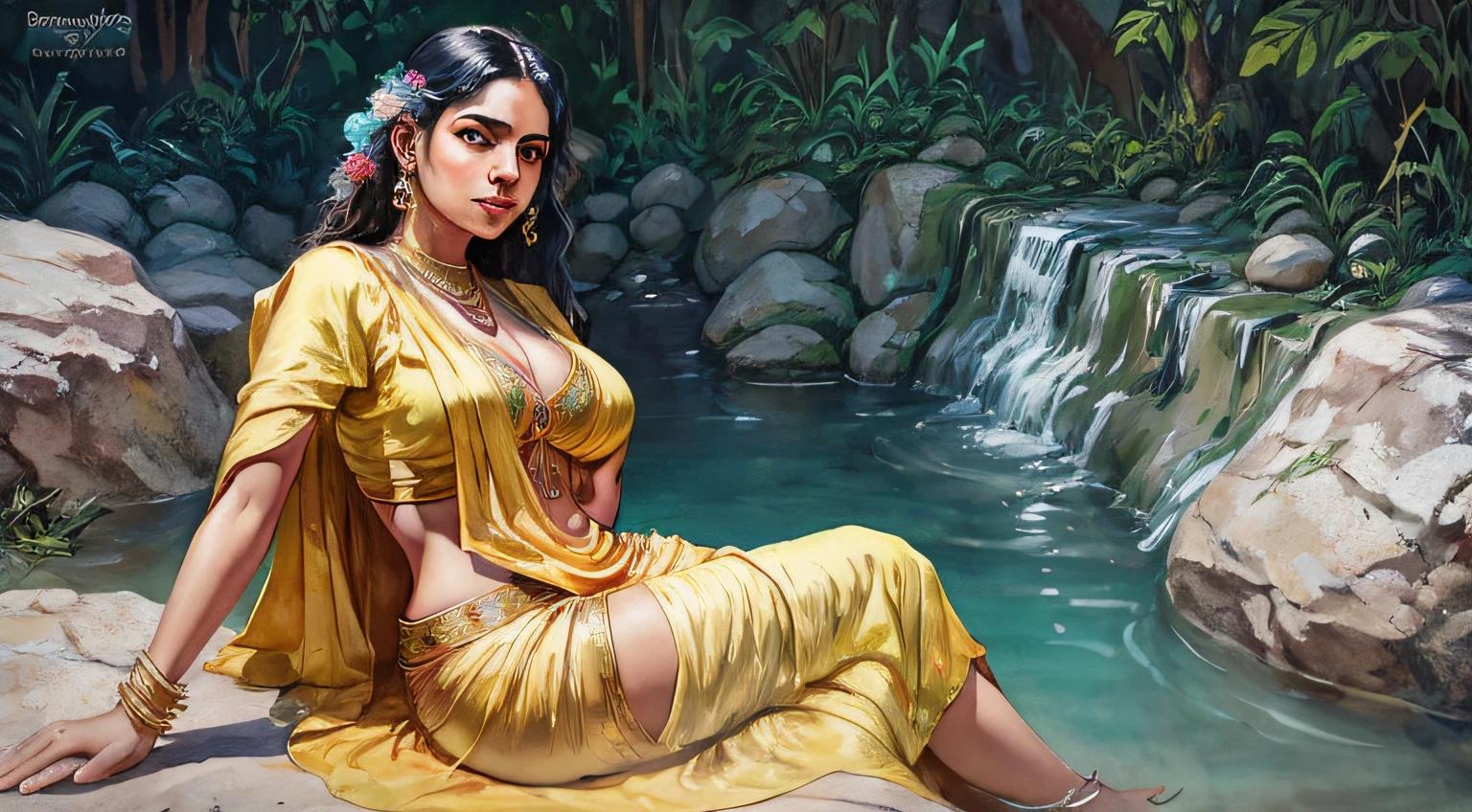 Reclining Nair Lady by artist Raja Ravi Varma, Realistic, 8K, ultra-detailed, Unreal Engine, midjourney art style