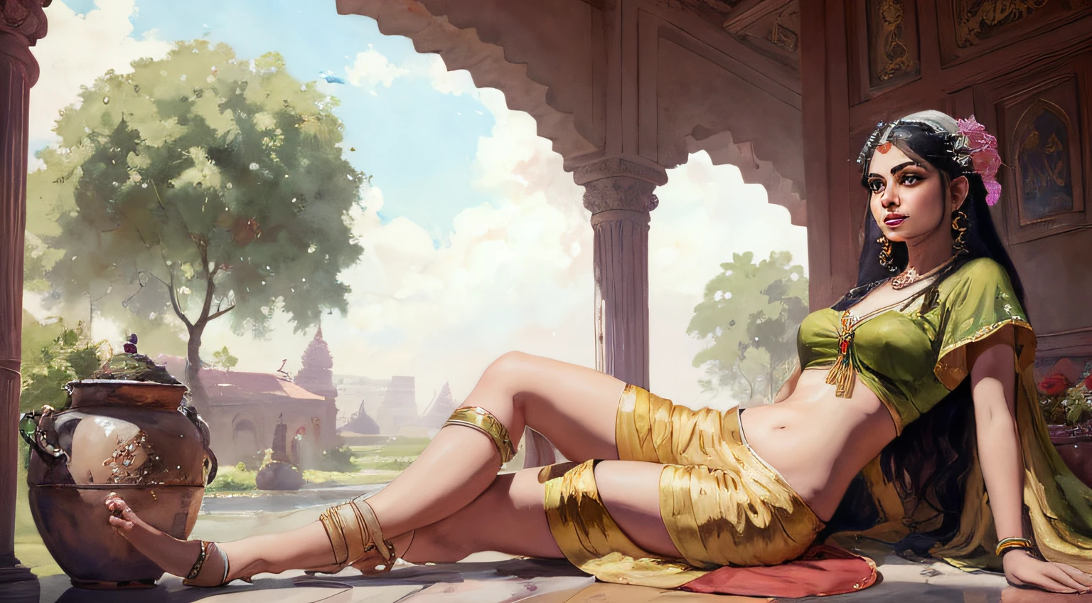 Reclining Nair Lady by artist Raja Ravi Varma, Realistic, 8K, ultra-detailed, Unreal Engine, midjourney art style