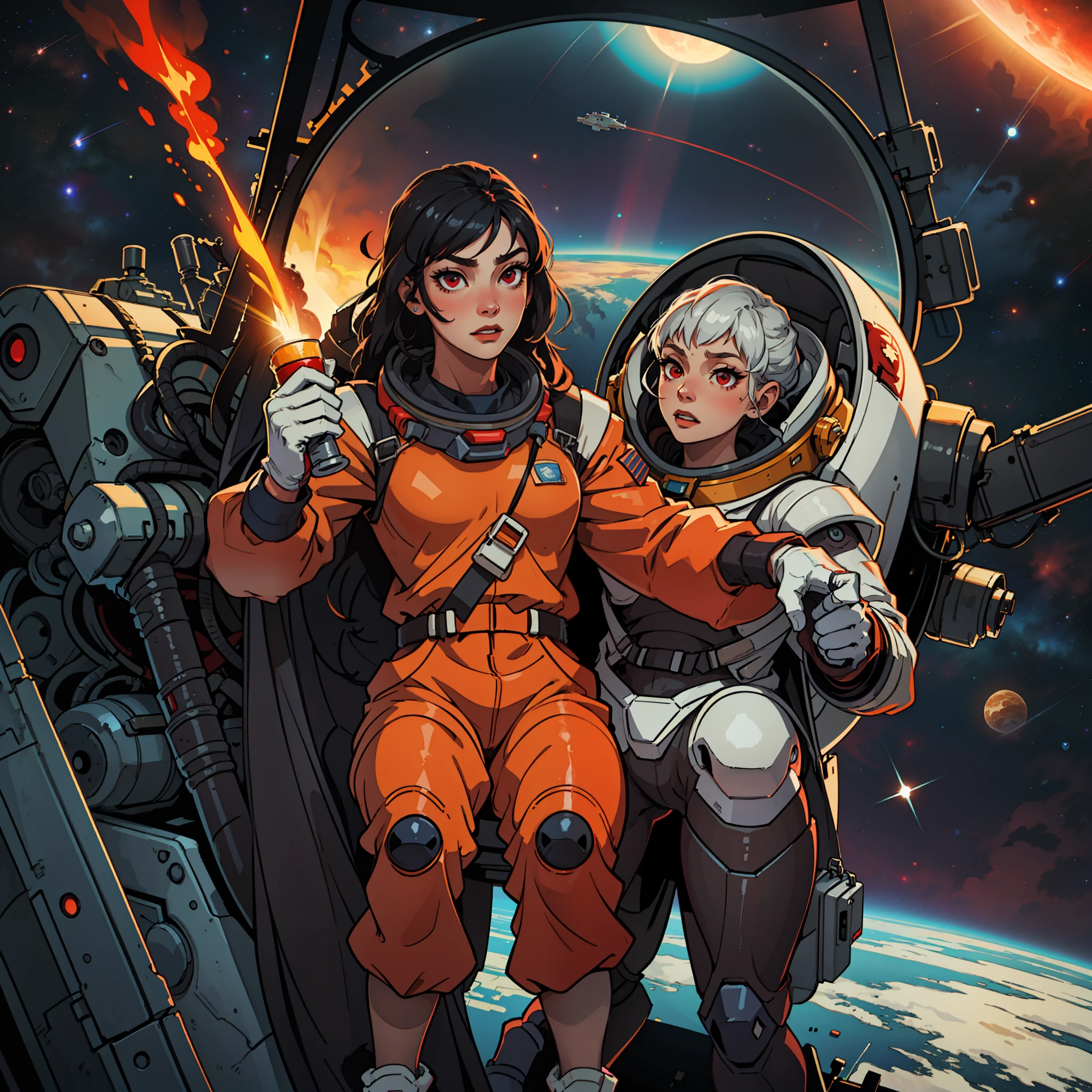 1girl, flat chested, cute, beautiful detailed eyes, shiny hair, visible through the hair, hair between the eyes, CCCPposter, sovietposter, red monochrome, Soviet poster, USSR, communism, black hair, red eyes, vampire ,girl,small breasts,spacesuit:Orange_clothing_body:jumpsuit ), white_gloves, white_space shoes, white_helmet, CCCP scarlet letters on the top of the helmet, weightlessness, Side light, reflection, the person in the spacesuit is at the bottom left of the picture, right hand outstretched, right hand Gently touch the Salyut space station), the space station in the upper right corner of the screen, the reflected light of the sun, silver metal, red flag, brilliance, Soviet style, diffuse reflection, metal texture, blue earth in the distance, mech style, star sea, high-profile, majestic --auto