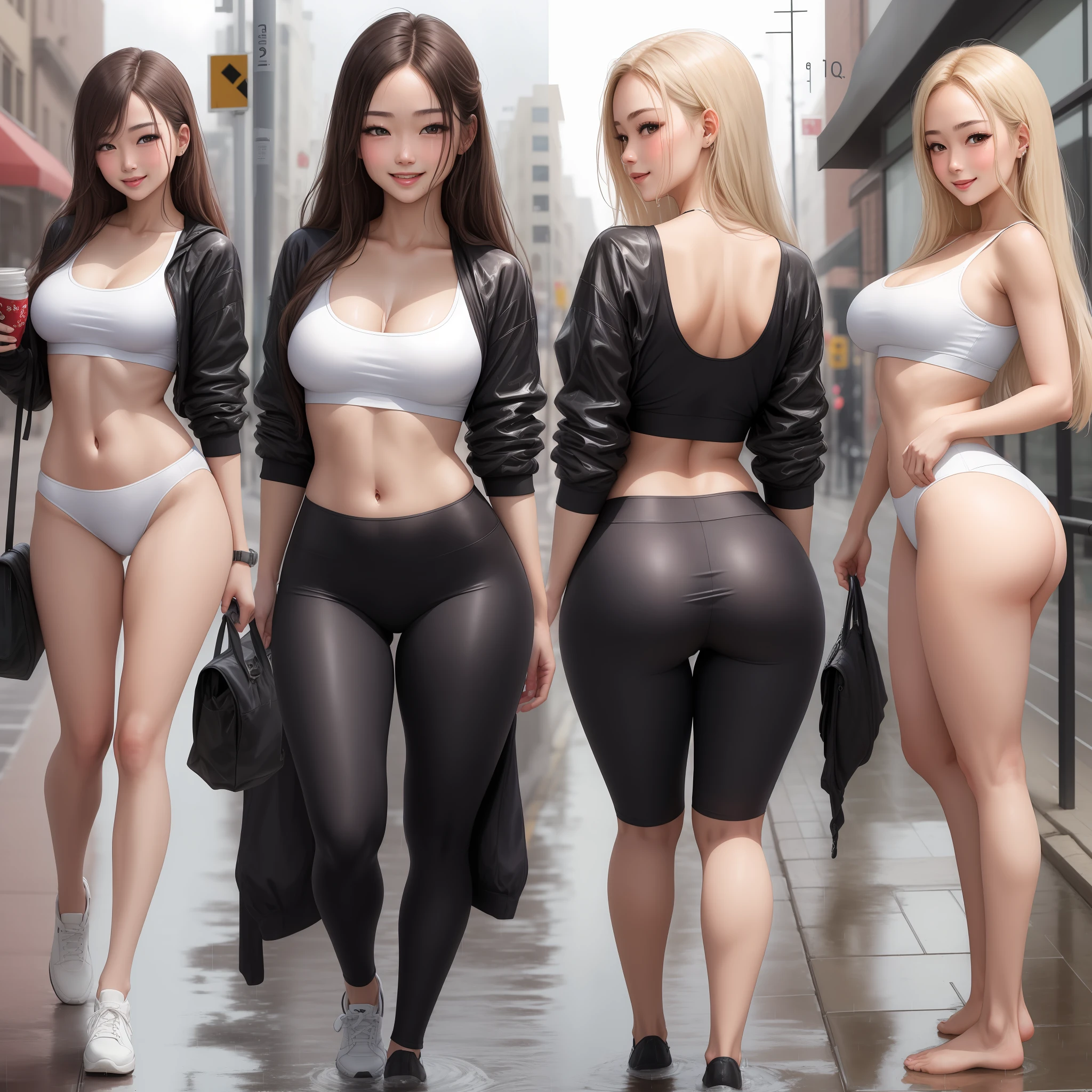 ((best qualtiy, 8k, tmasterpiece:1.3)), Focus:1.2, perfect figure beautiful woman:1.4, ed butt, ((long whitr hair)), (wetclothes:1.1) , (Rain, Street:1.3), Tight Yoga Pants, Highly detailed facial and skin texture, A detailed eye, 二重まぶた,Cocked buttoWhiten ile,frontage