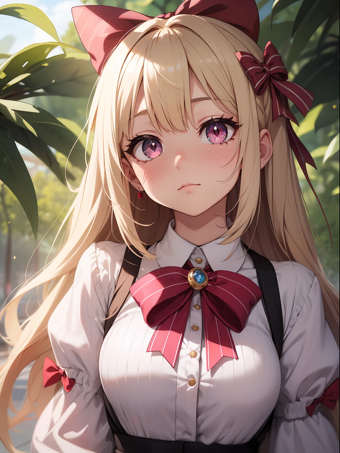 Ecchi、Ecchi、Ecchi、Pink eyes、a blond、vertical stripes、Pink Bigini、red blush、cute little、Transcendent Cute、Idol、sparkly eyes、​​clouds、Rest in the shade、ruby、bow ribbon、Lost、Anxious face