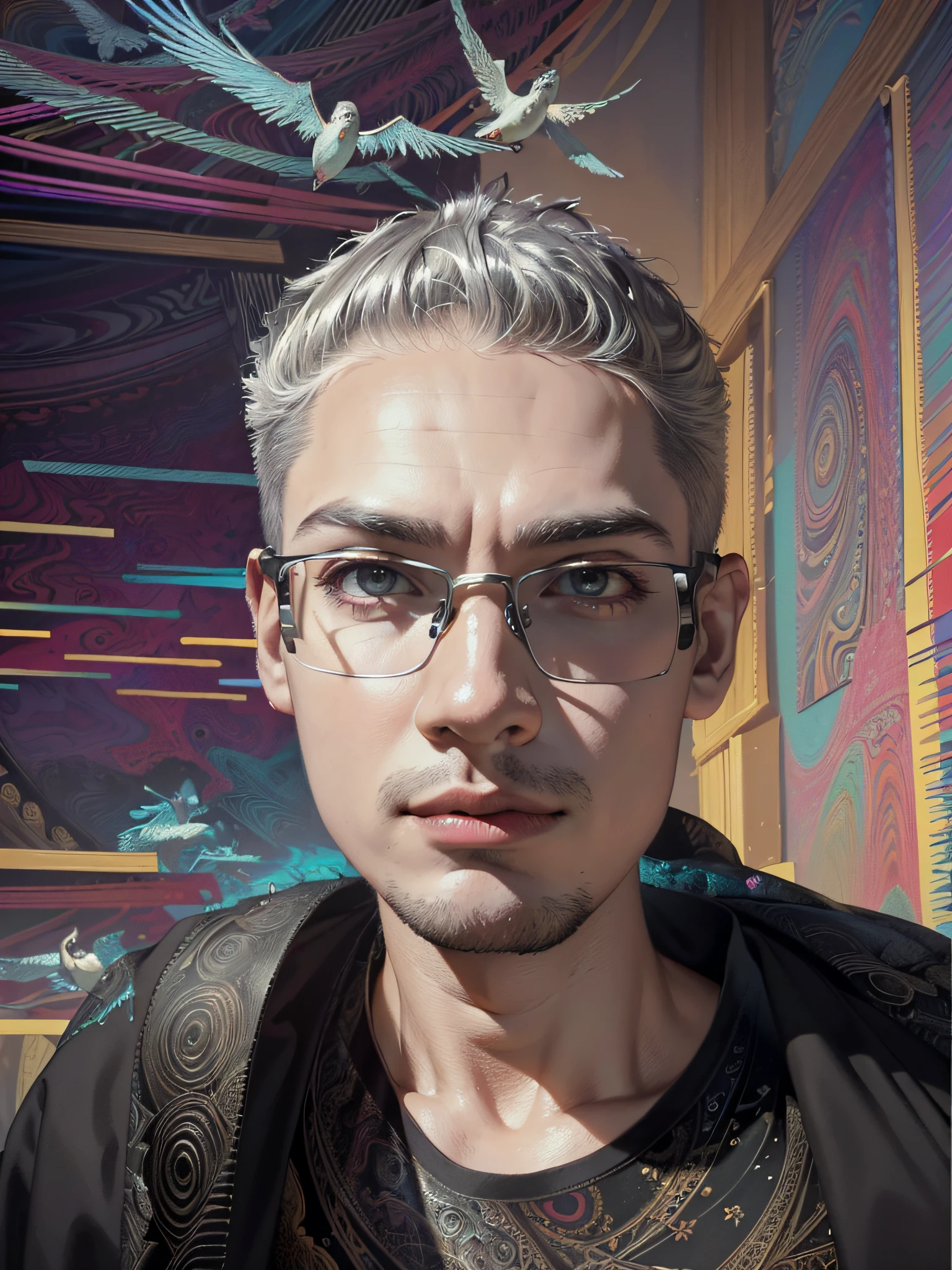 realistic, (masterpiece, top quality, best quality, official art, beautiful and aesthetic:1.2), extremely detailed,fractal art,colorful,highest detailed,zentangle,(abstract background:1.5) (1boy:1.3), (birds),silver hair, bright eyes,hair slicked back, short hair, black robe,