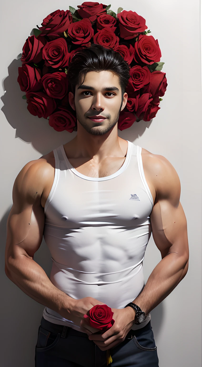 ((Men only)), (Cowboy Shot), (black handsome muscular man in his 20's), black handsome muscular man (holding a lot of very big red roses), (white wall) in the background, He wears men's white tanktop, Mischievous smile, (detaile: 1 in 1), Natural muscles, HIG quality, beautidful eyes, (Detailed face and eyes), (Face、: 1 / 2), Noise, Real Photographics、... .............................................................PSD, Sharp Focus, High resolution 8K, realisitic & Professional Photography, 8K UHD, Soft lighting, High quality, Film grain, FujifilmXT3